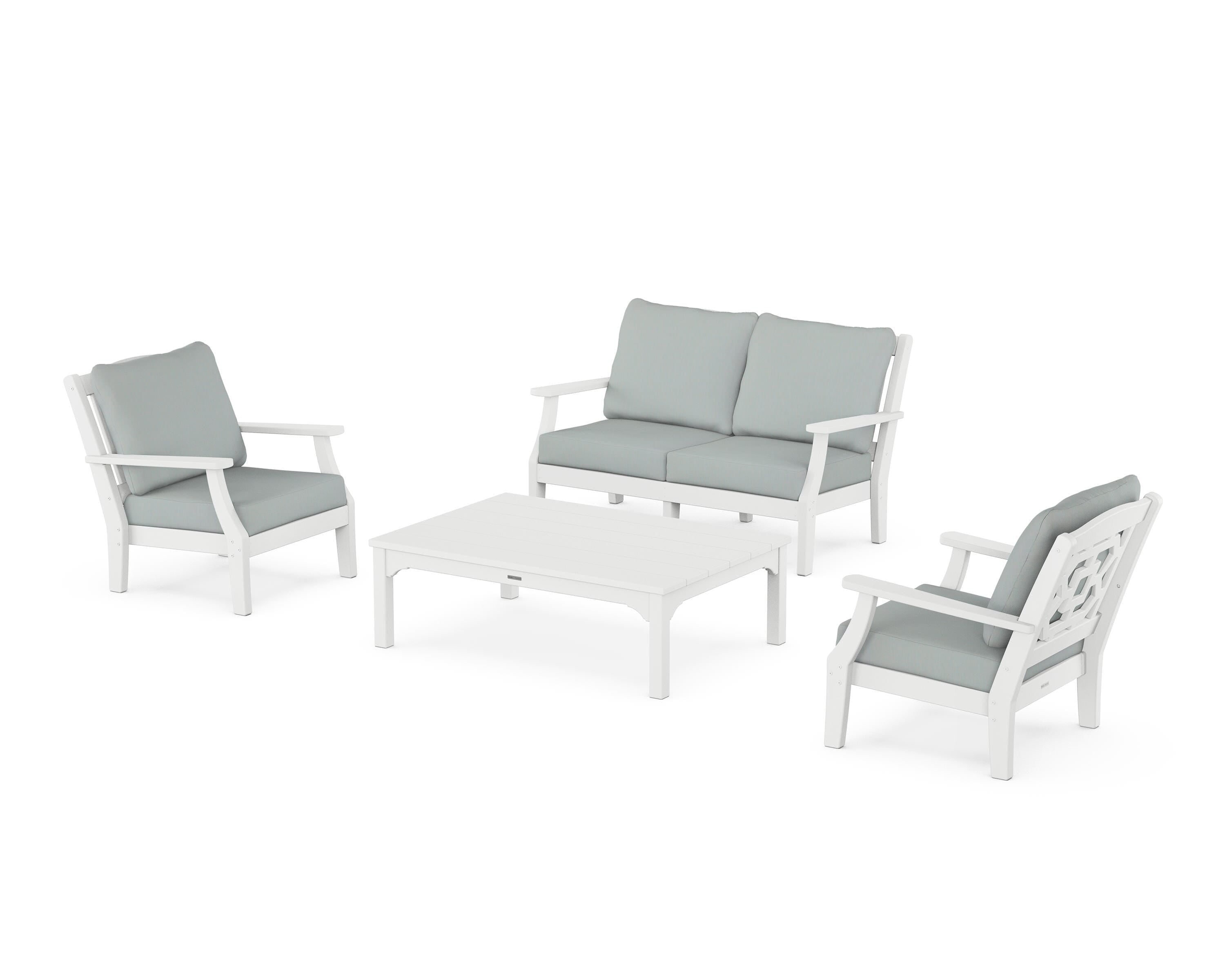 Martha Stewart by POLYWOOD Chinoiserie 4-Piece Deep Seating Set with Loveseat in White / Spa