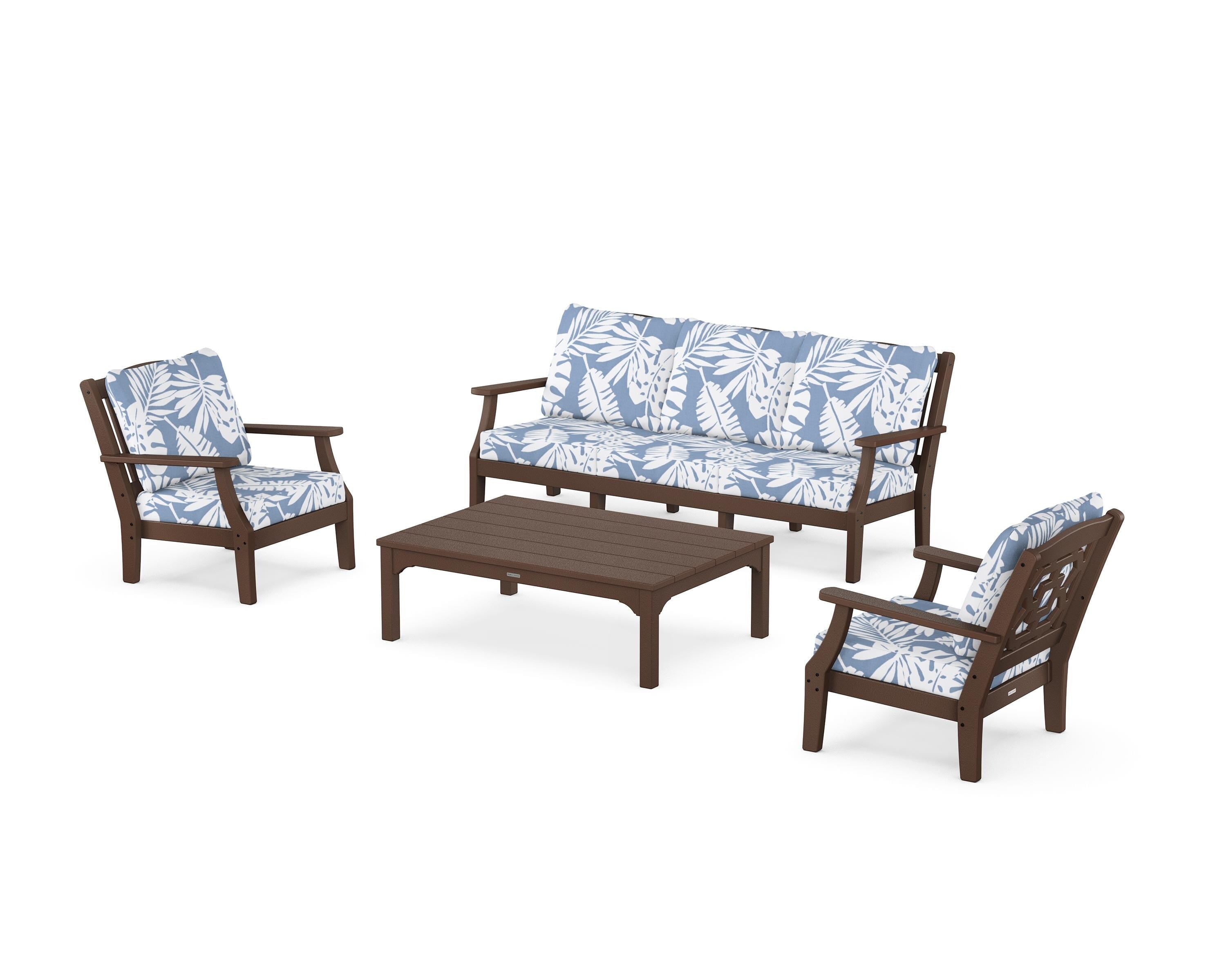 Martha Stewart by POLYWOOD Chinoiserie 4-Piece Deep Seating Set with Sofa in Mahogany / Leaf Sky Blue