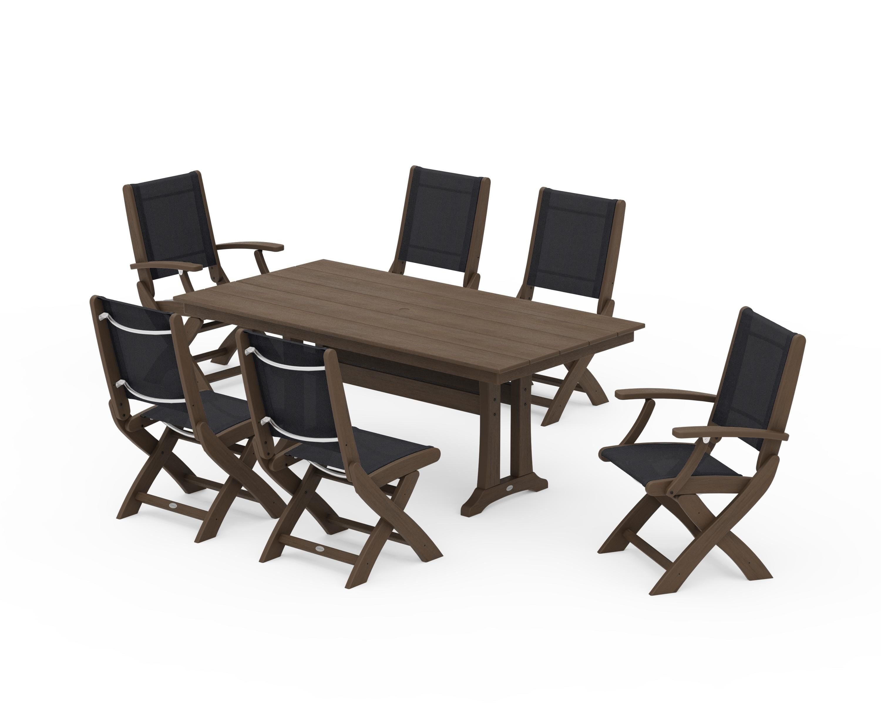 POLYWOOD Coastal Folding Chair 7-Piece Farmhouse Dining Set with Trestle Legs in Kona / Black Sling