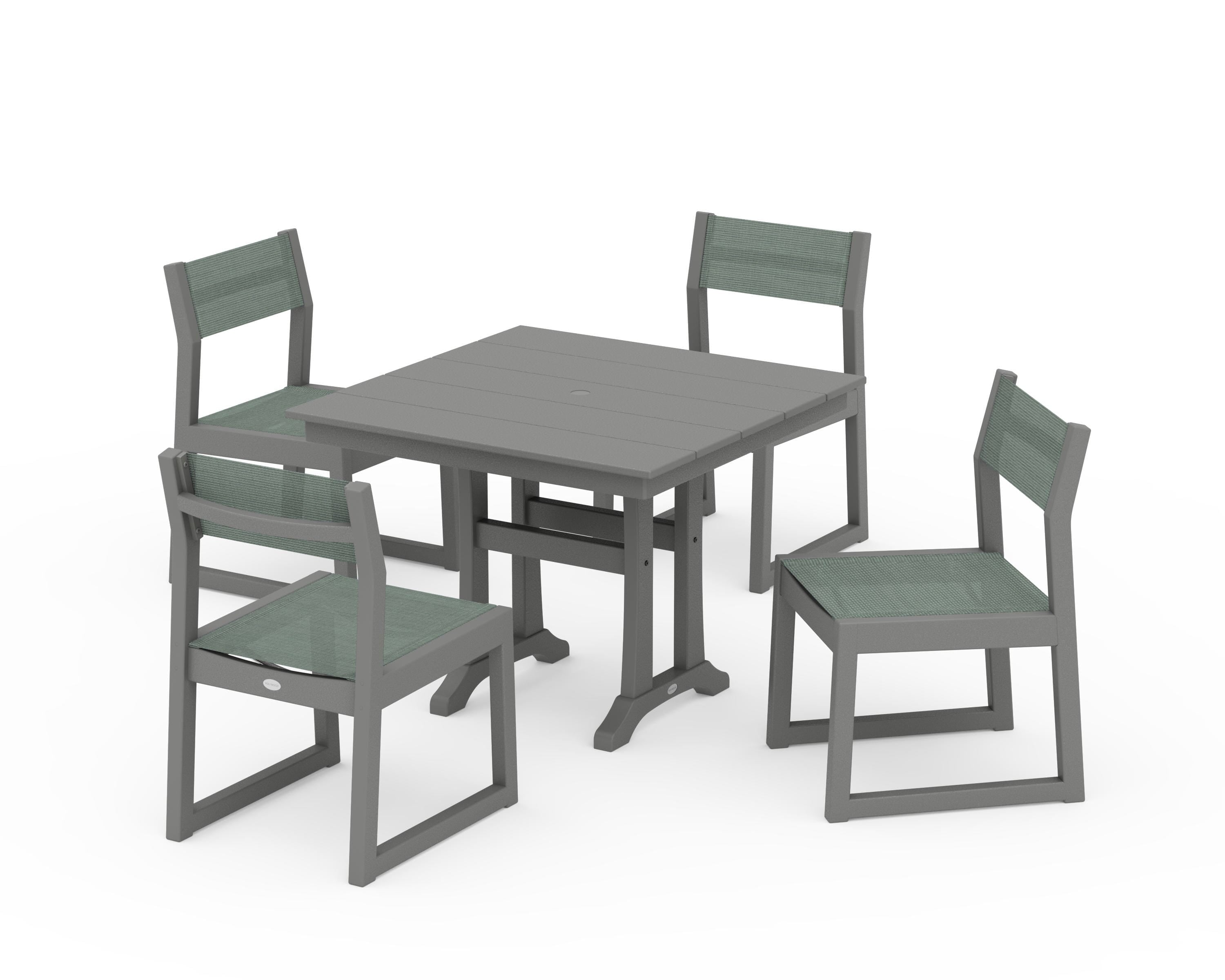 POLYWOOD EDGE Sling 5-Piece Farmhouse Trestle Side Chair Dining Set in Slate Grey / Dupioni Sea Mist Sling