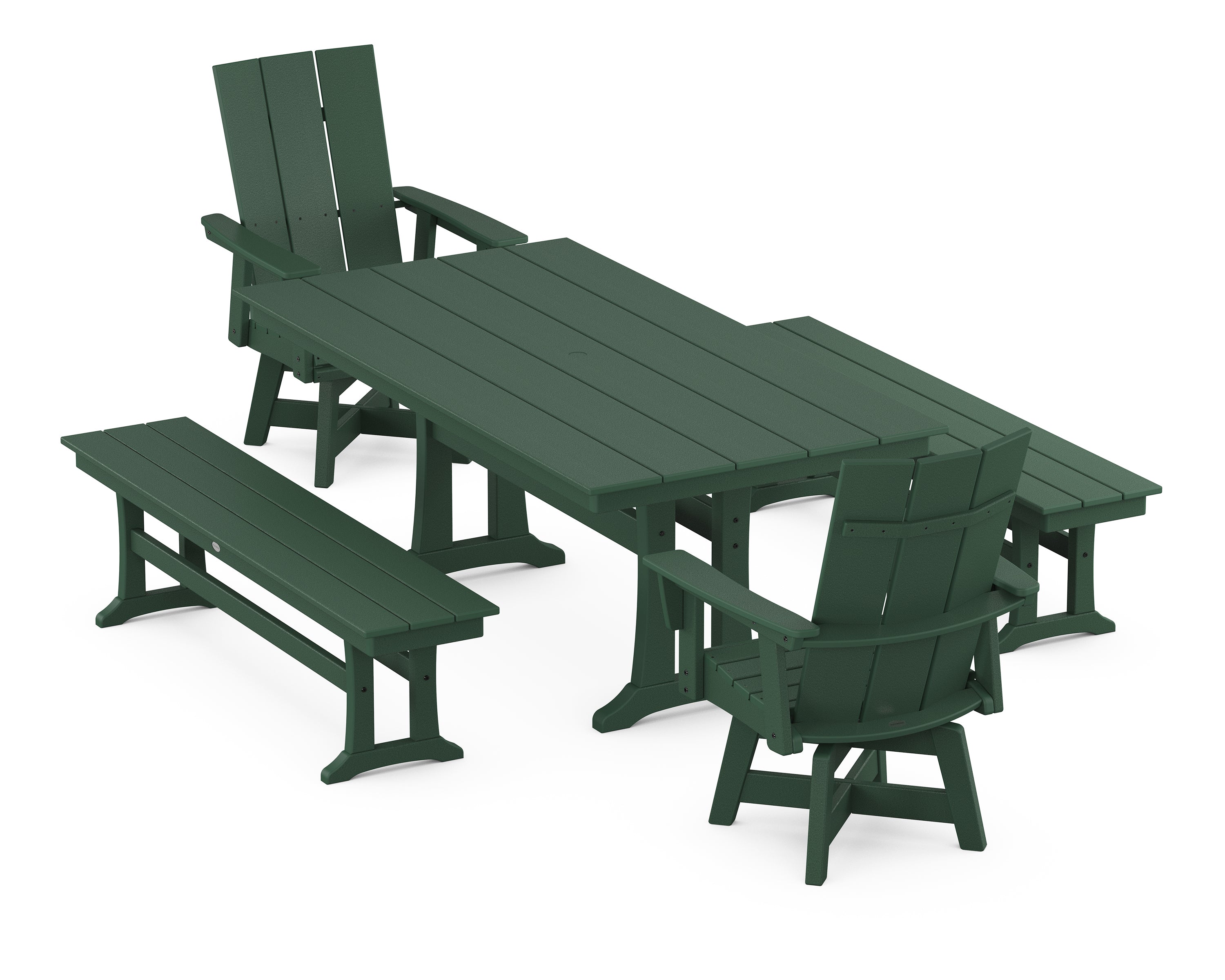 POLYWOOD® Modern Curveback Adirondack Swivel Chair 5-Piece Farmhouse Dining Set With Trestle Legs and Benches in Green