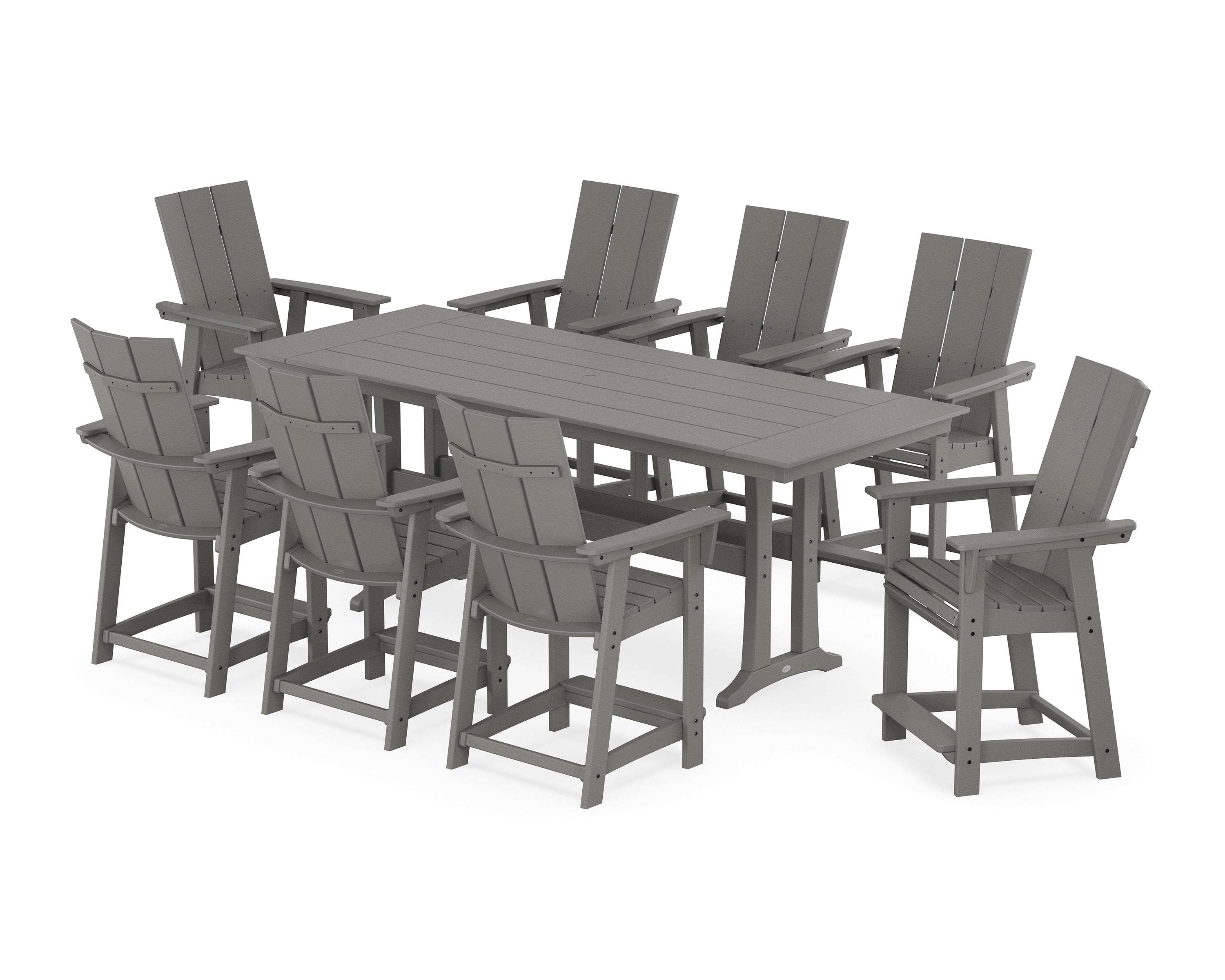 POLYWOOD® Modern Curveback Adirondack 9-Piece Farmhouse Counter Set with Trestle Legs in Slate Grey