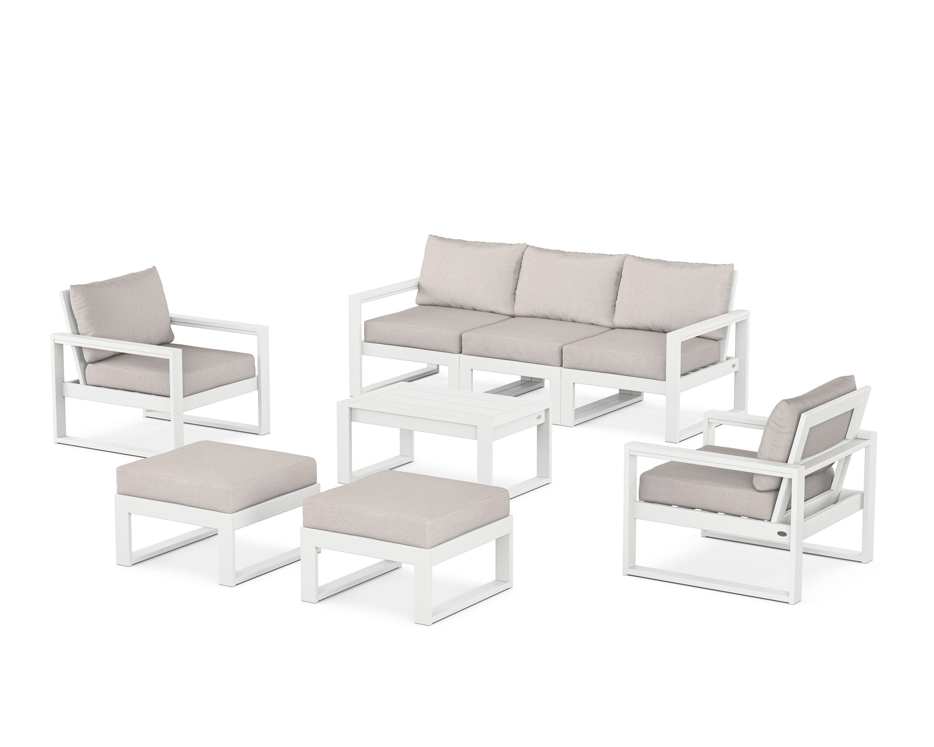POLYWOOD EDGE Sectional 8-Piece Lounge Sofa Set in White / Dune Burlap