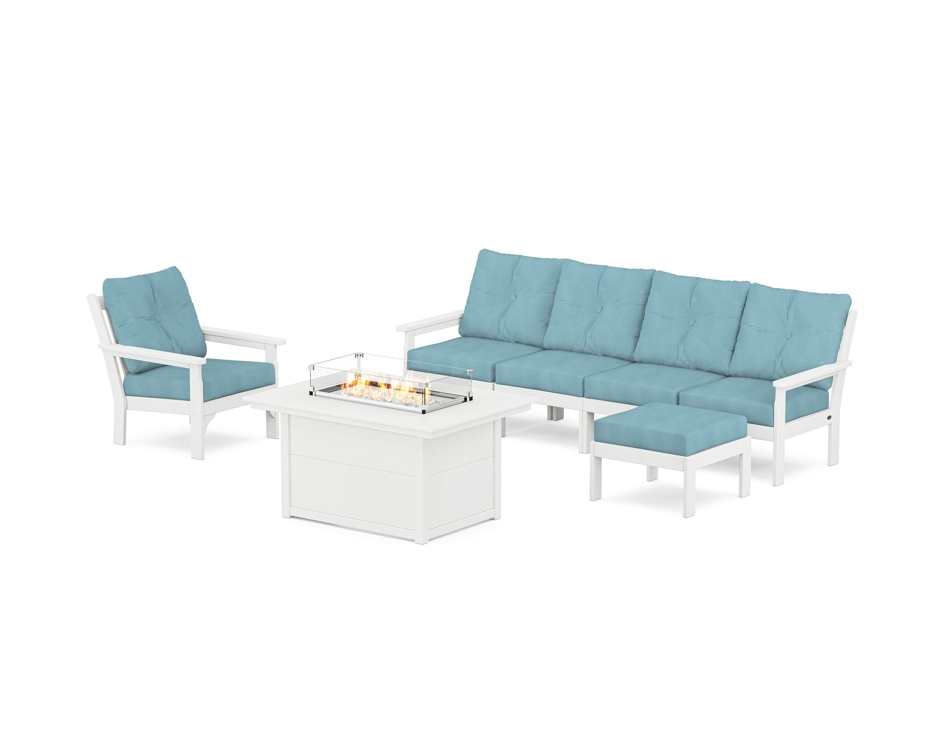 POLYWOOD Vineyard Sectional Lounge and Fire Pit Set in White / Lattice Sky Blue