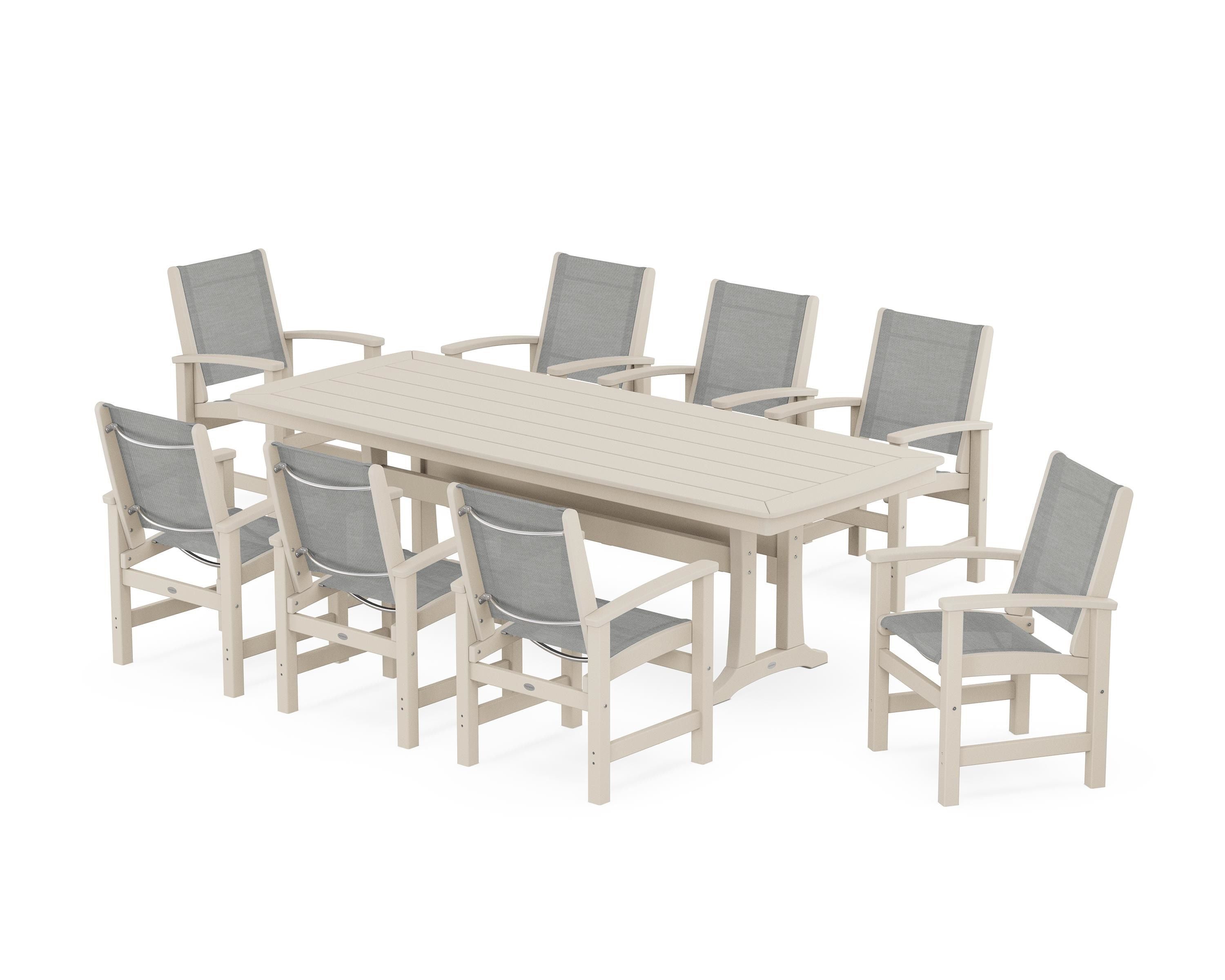 POLYWOOD Coastal 9-Piece Dining Set with Trestle Legs in Sand / Metallic Sling