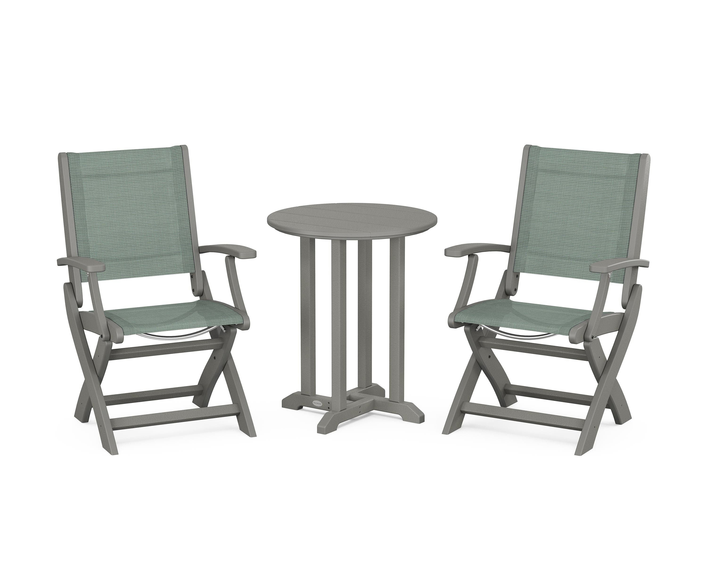 POLYWOOD Coastal Folding 3-Piece Round Bistro Dining Set in Slate Grey / Dupioni Sea Mist Sling