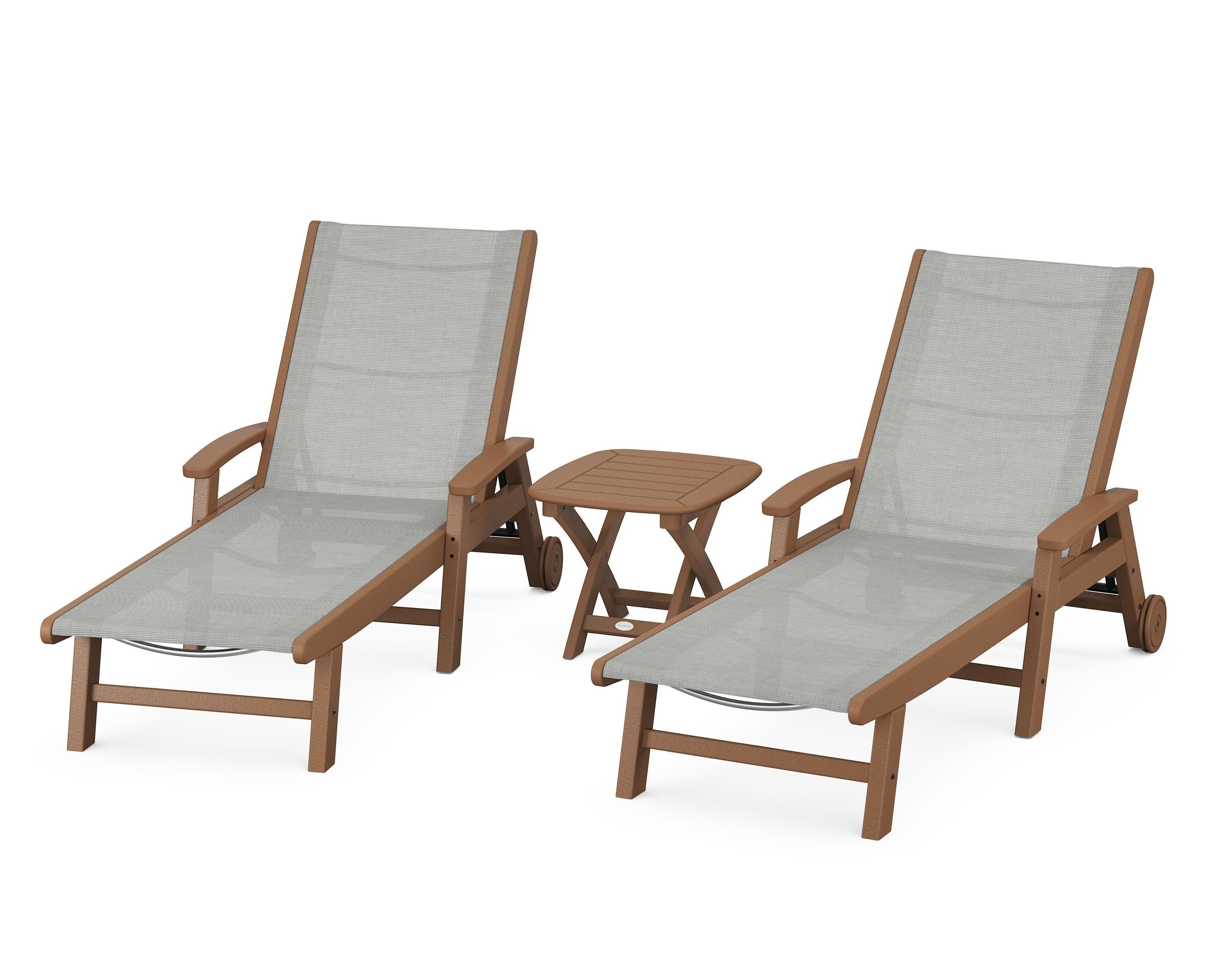 POLYWOOD Coastal 3-Piece Wheeled Chaise Set in Teak / Metallic Sling