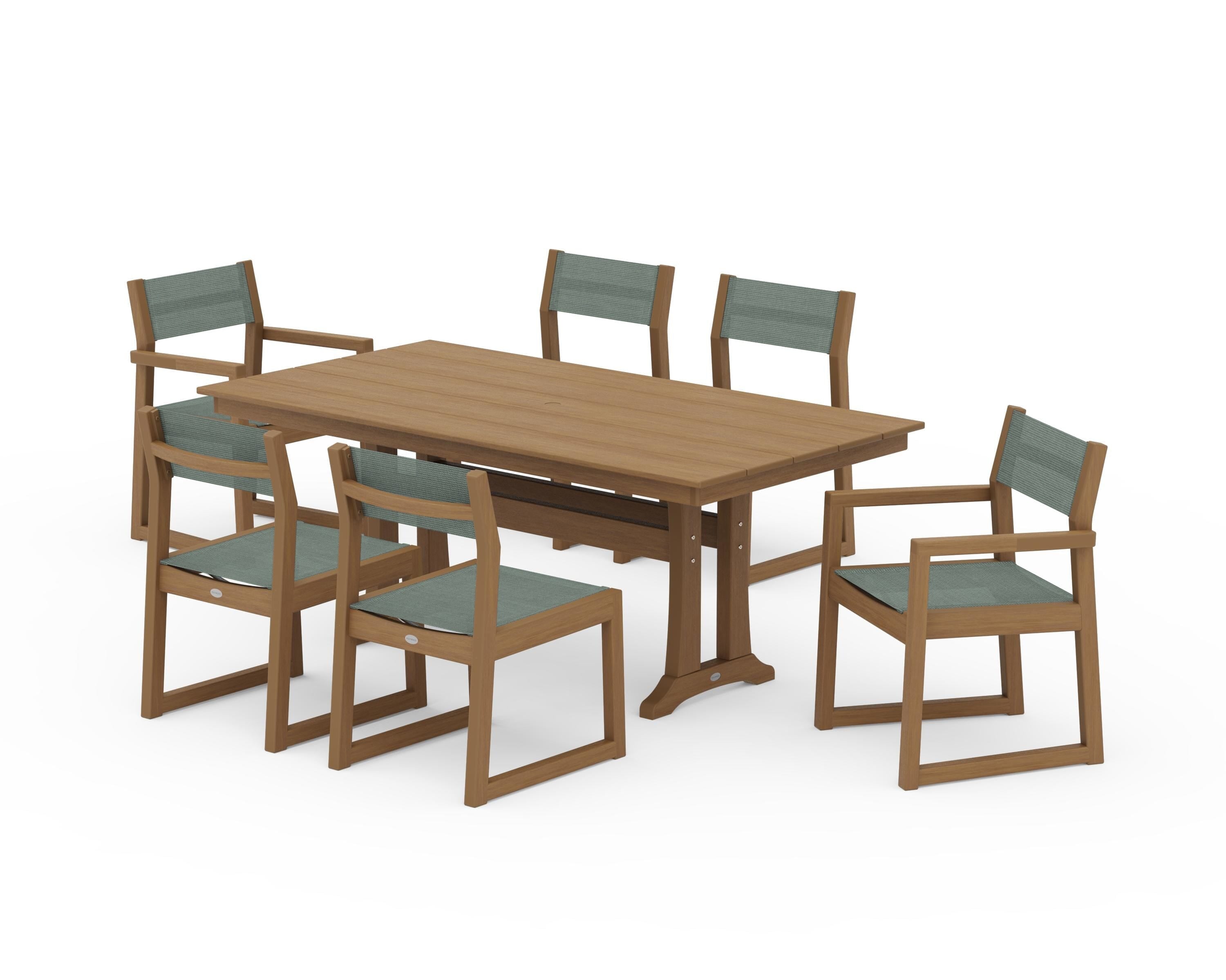 POLYWOOD EDGE Sling 7-Piece Farmhouse Trestle Dining Set in Natural / Dupioni Sea Mist Sling