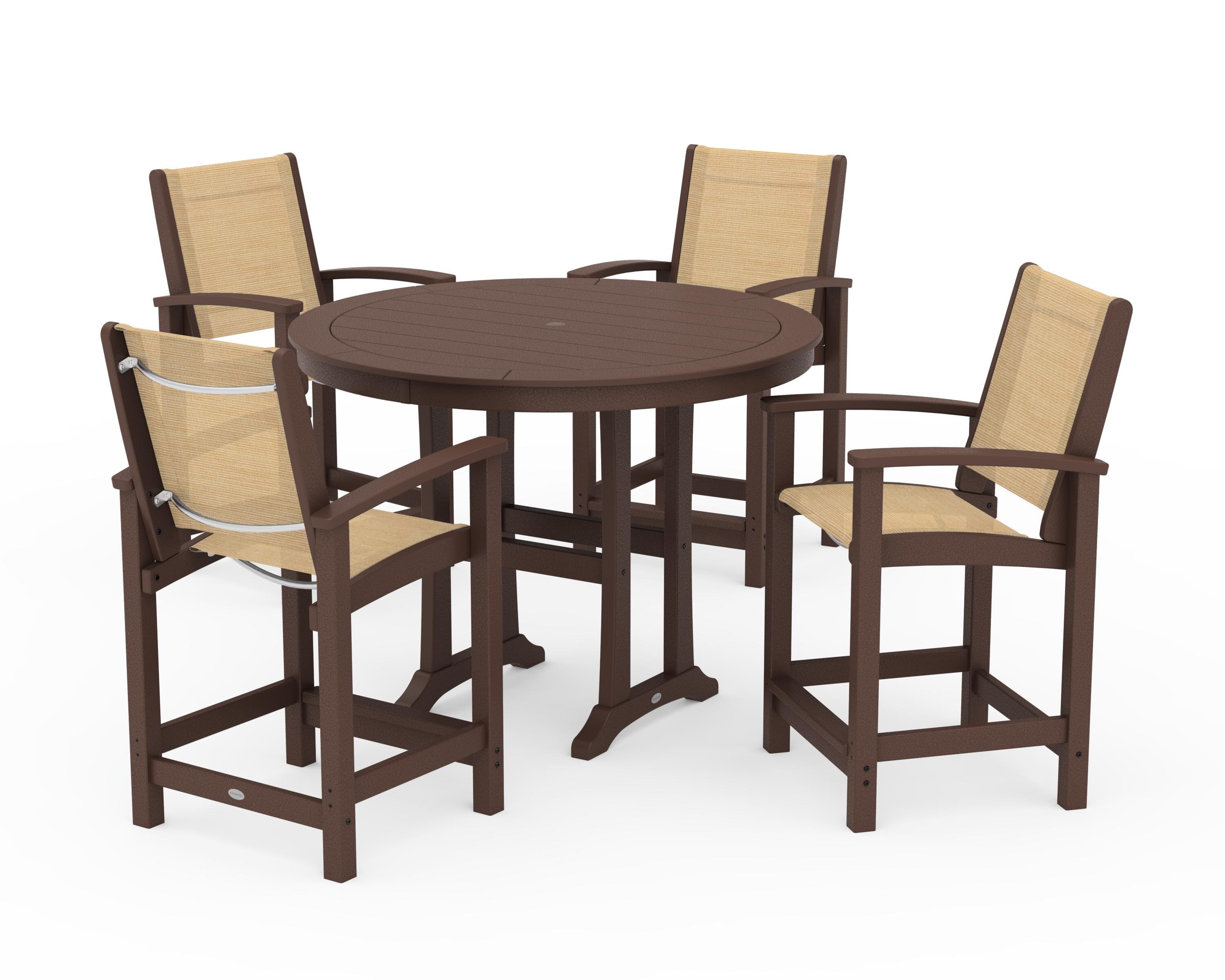 POLYWOOD Coastal 5-Piece Counter Set in Mahogany / Dupioni Apricot Sling