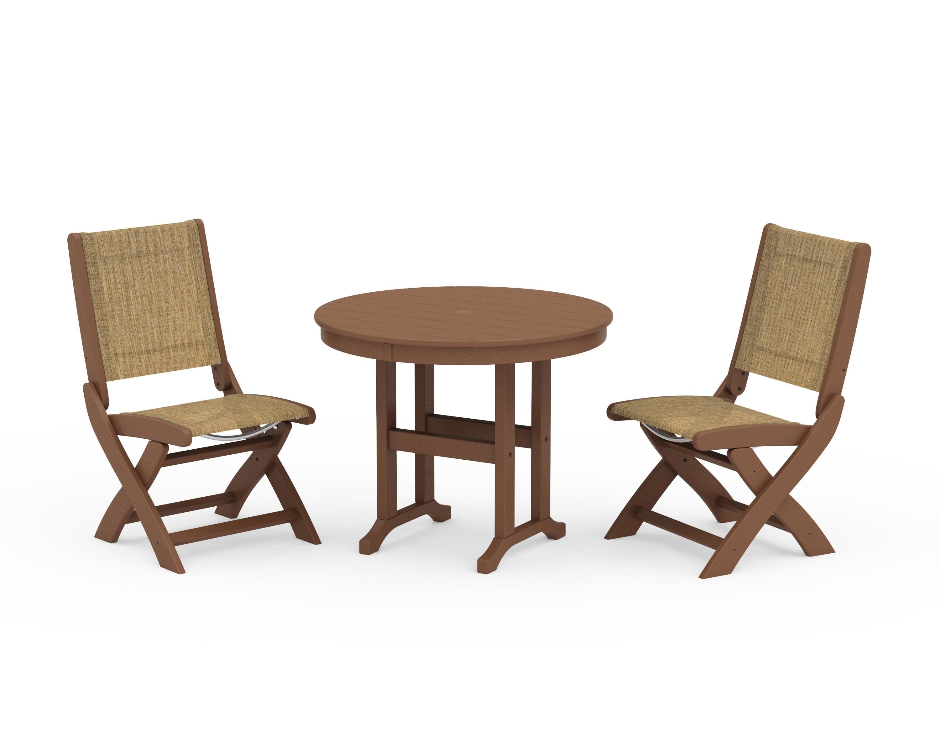 POLYWOOD Coastal Folding Side Chair 3-Piece Round Dining Set in Teak / Burlap Sling