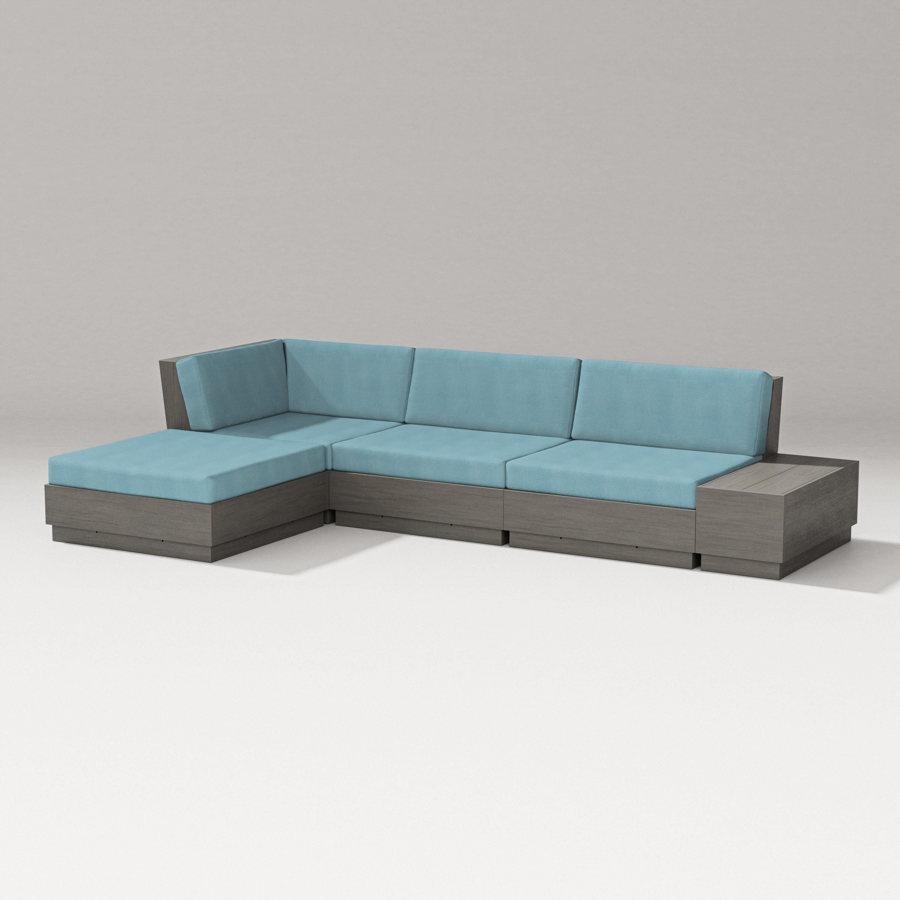 PW Designer Series Elevate Chaise Sectional in Driftwood / Lattice Sky Blue