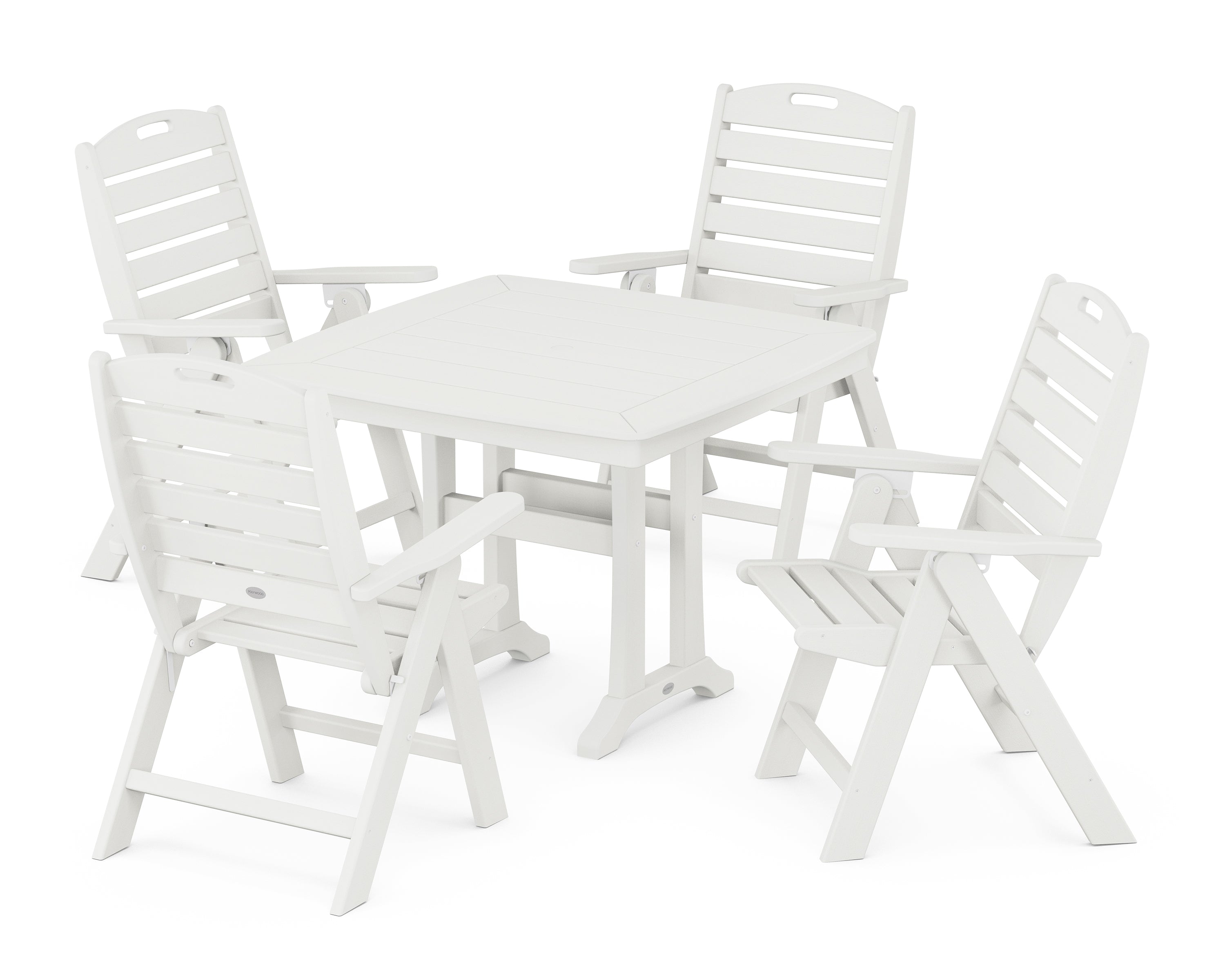 POLYWOOD Nautical Folding Highback Chair 5-Piece Dining Set with Trestle Legs in Vintage White