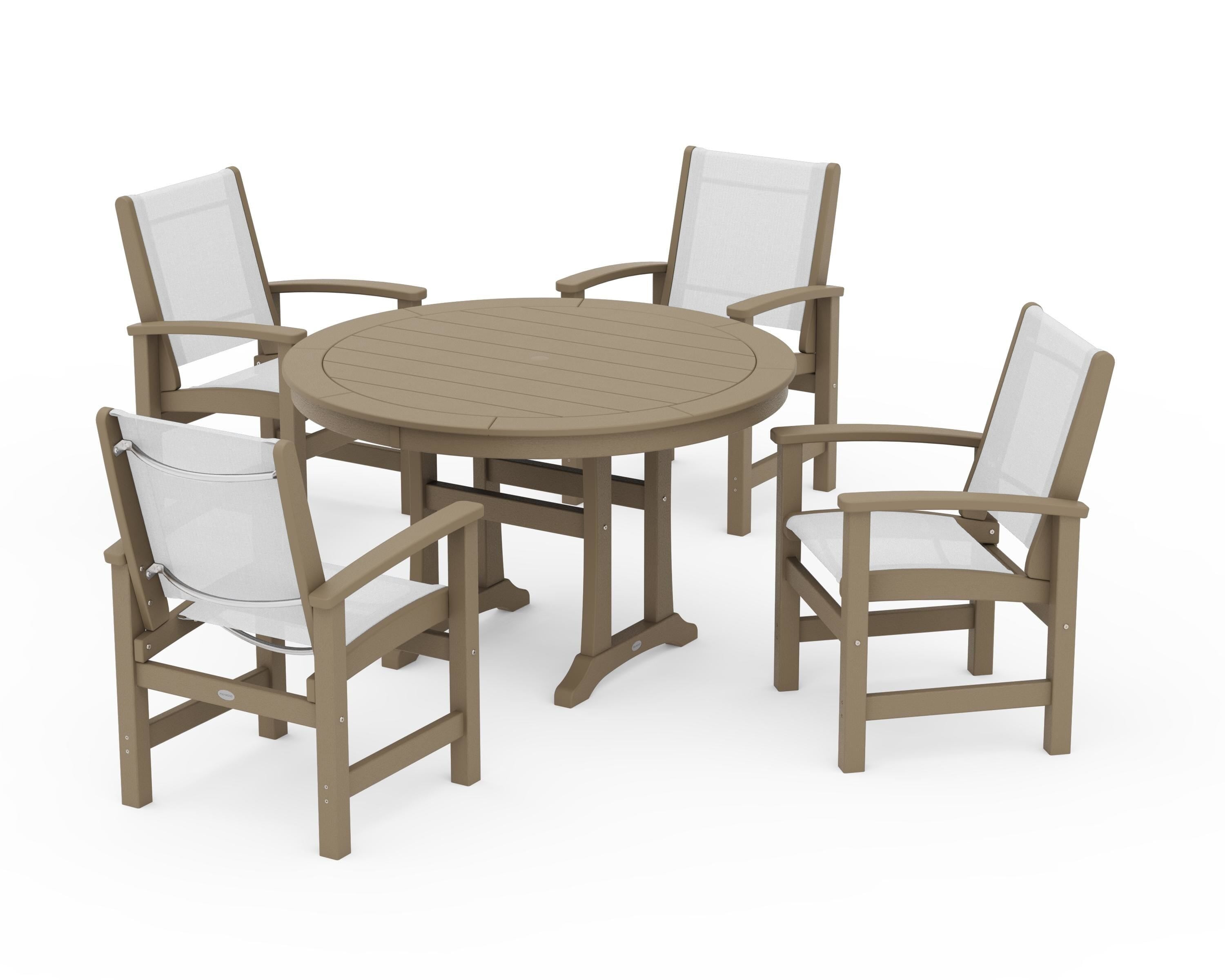 POLYWOOD Coastal 5-Piece Round Dining Set with Trestle Legs in Vintage Sahara / White Sling