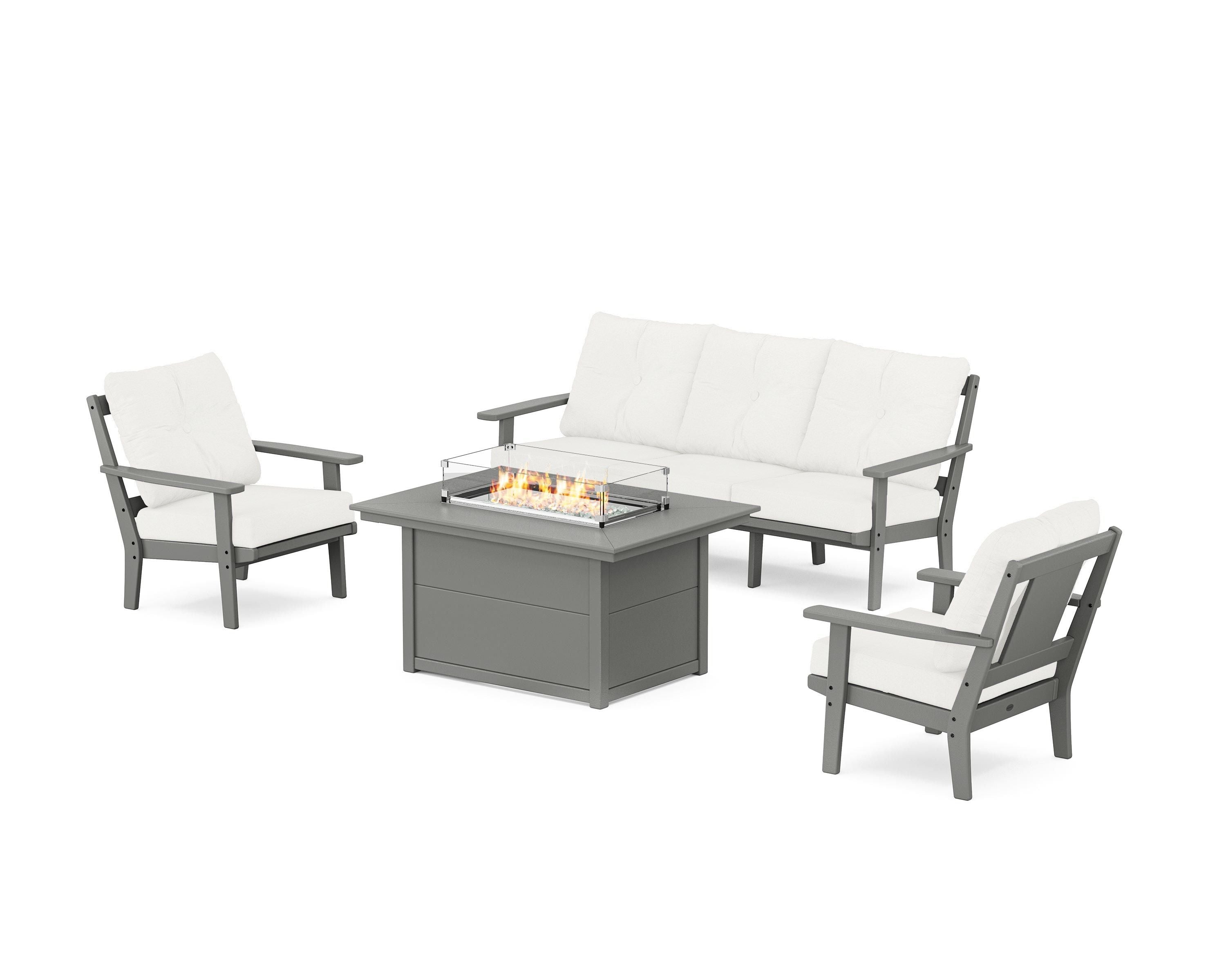 POLYWOOD Prairie Deep Seating Fire Pit Table Set in Slate Grey / Natural Linen