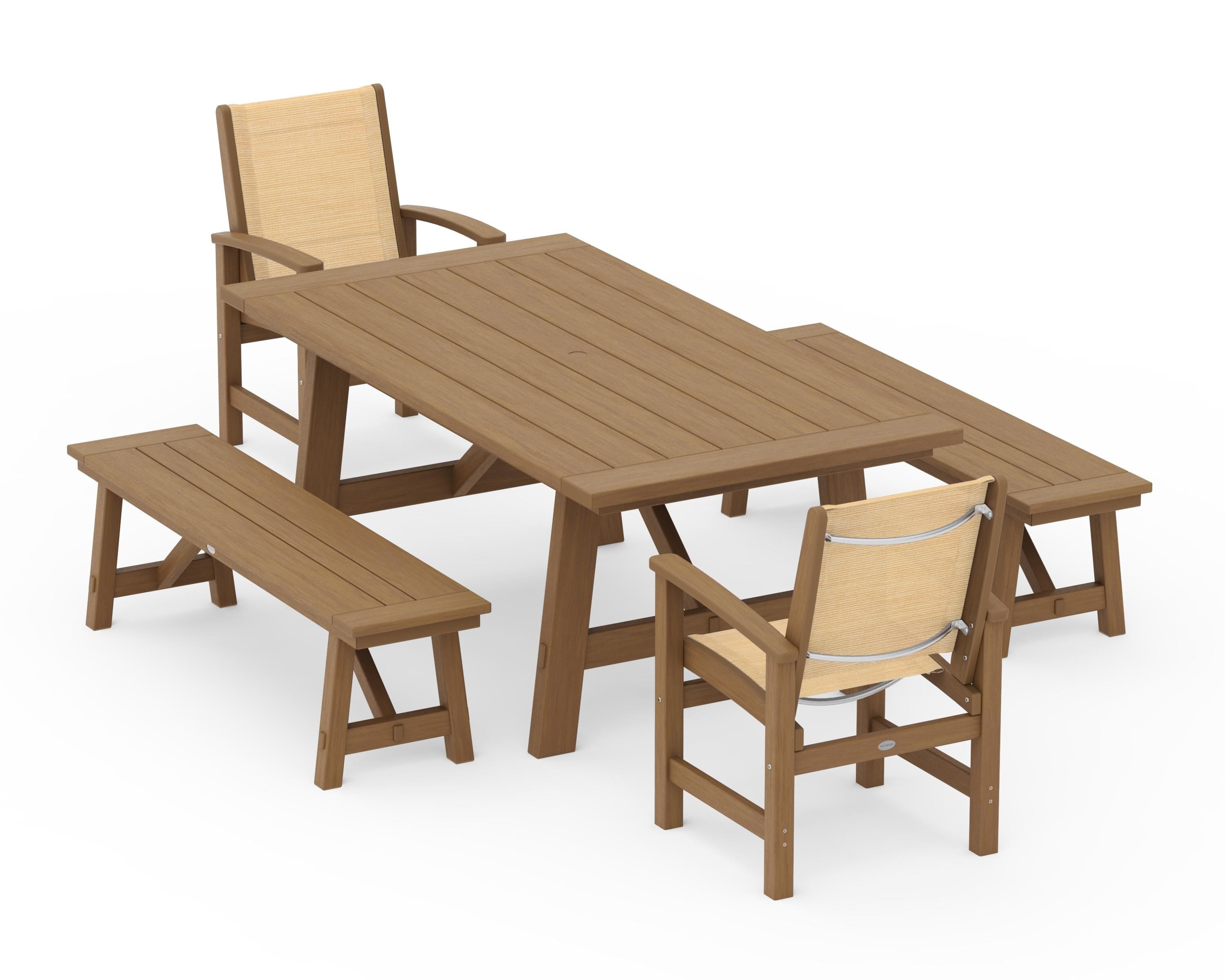 POLYWOOD Coastal 5-Piece Rustic Farmhouse Dining Set With Benches in Natural / Dupioni Apricot Sling
