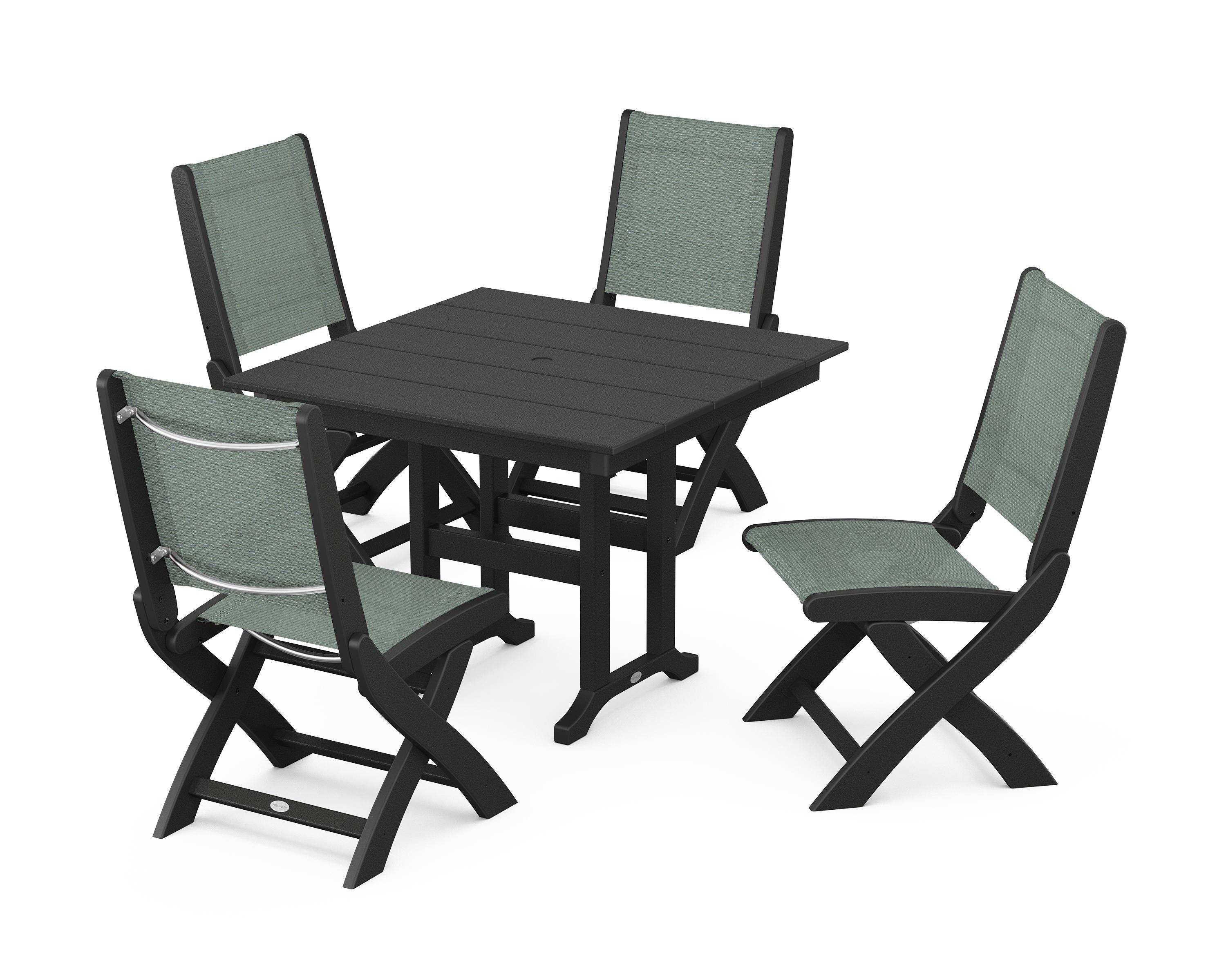 POLYWOOD Coastal Folding Side Chair 5-Piece Farmhouse Dining Set in Black / Dupioni Sea Mist Sling