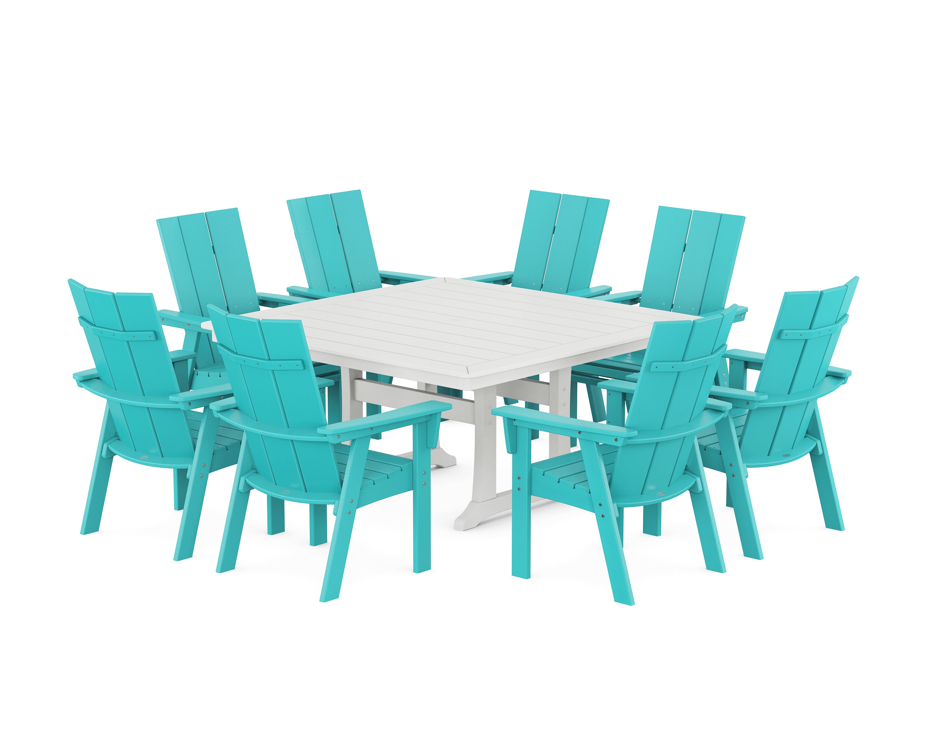 POLYWOOD Modern Curveback Adirondack 9-Piece Square Dining Set with Trestle Legs in Aruba / White