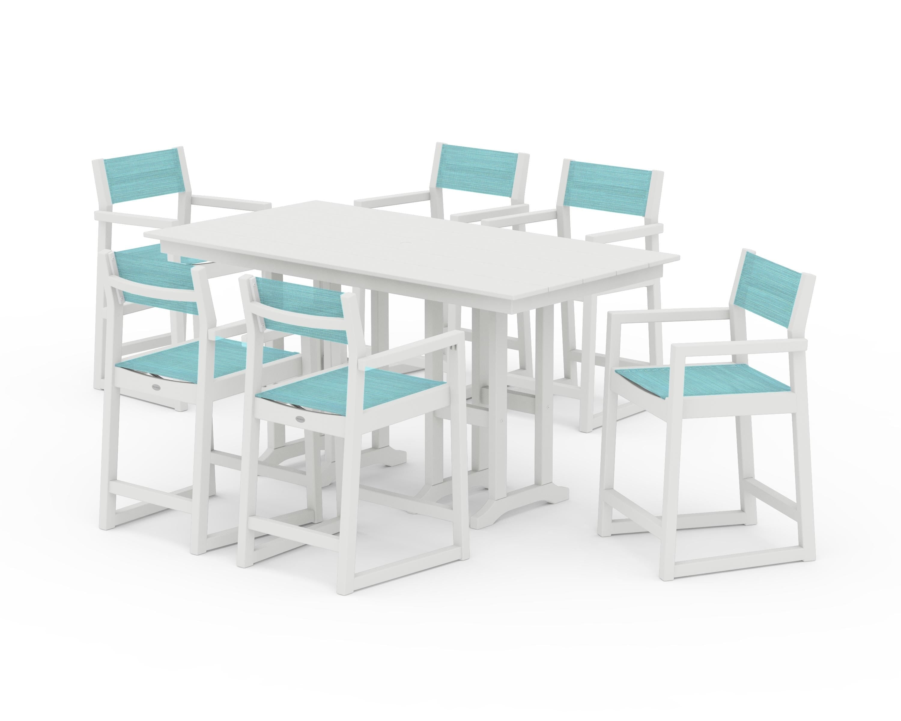 POLYWOOD EDGE Sling Arm Chair 7-Piece Farmhouse Counter Set in Vintage White / Dupioni Aquamarine Sling