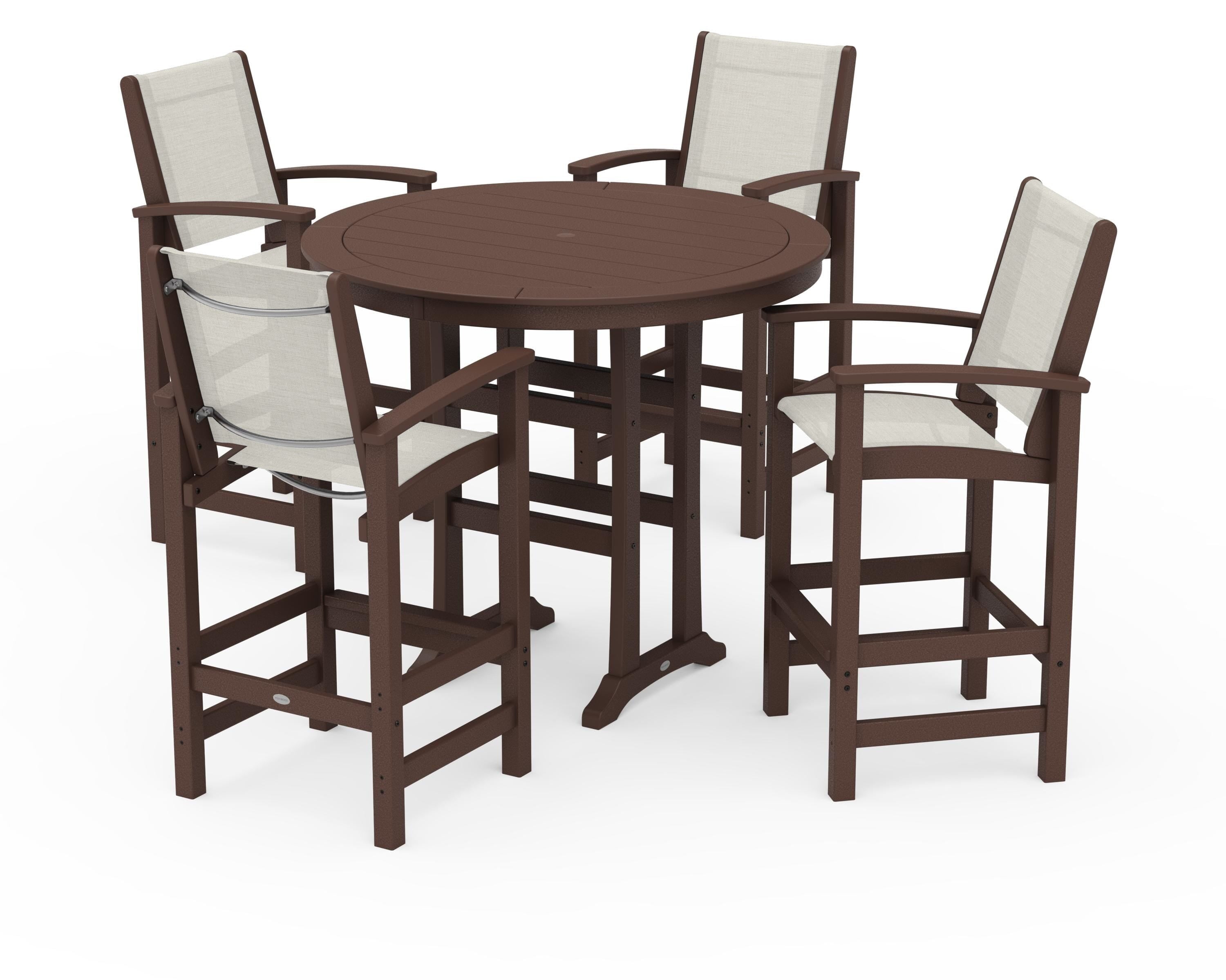 POLYWOOD Coastal 5-Piece Nautical Trestle Bar Set in Mahogany / Parchment Sling