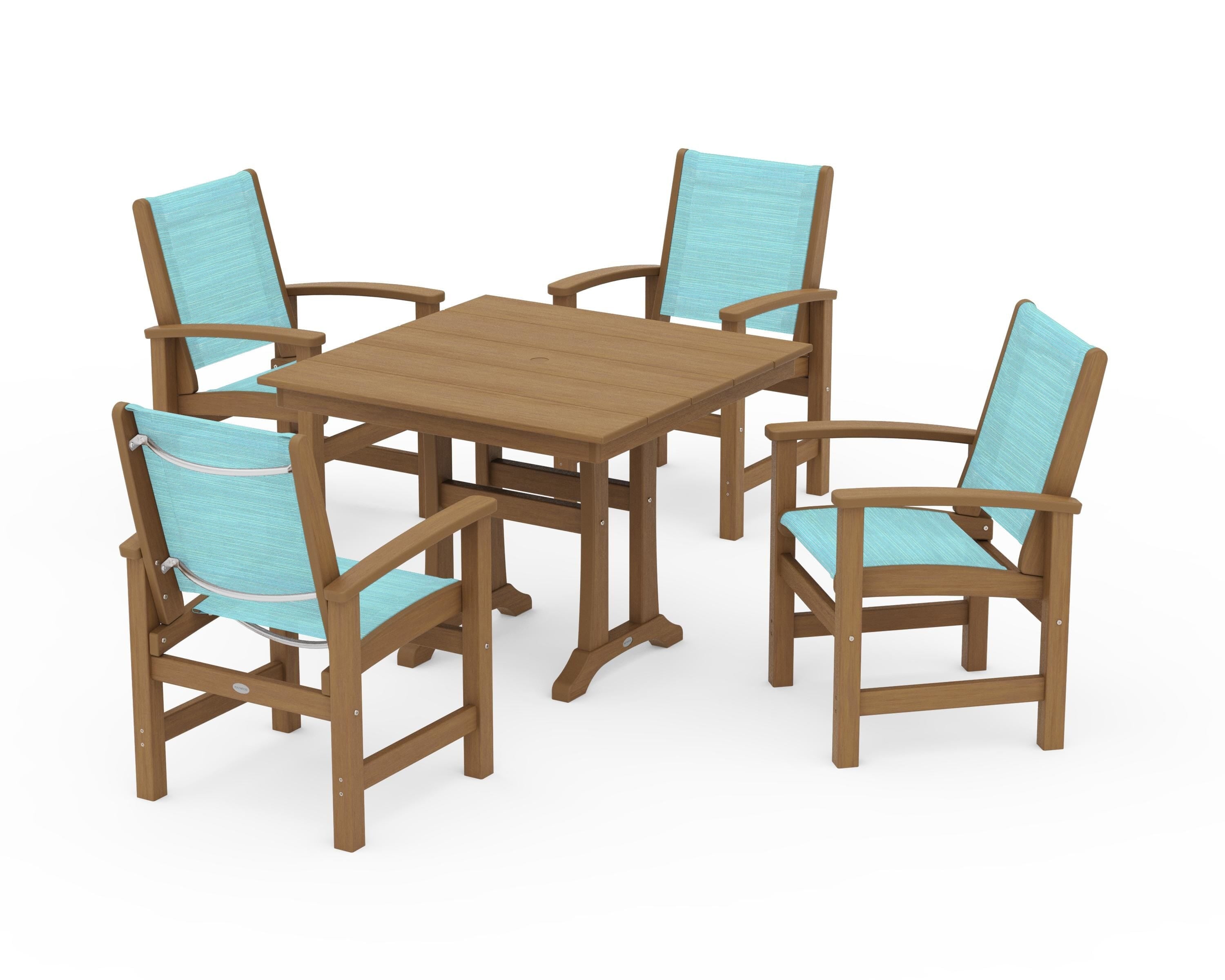 POLYWOOD Coastal 5-Piece Farmhouse Dining Set With Trestle Legs in Natural / Dupioni Aquamarine Sling
