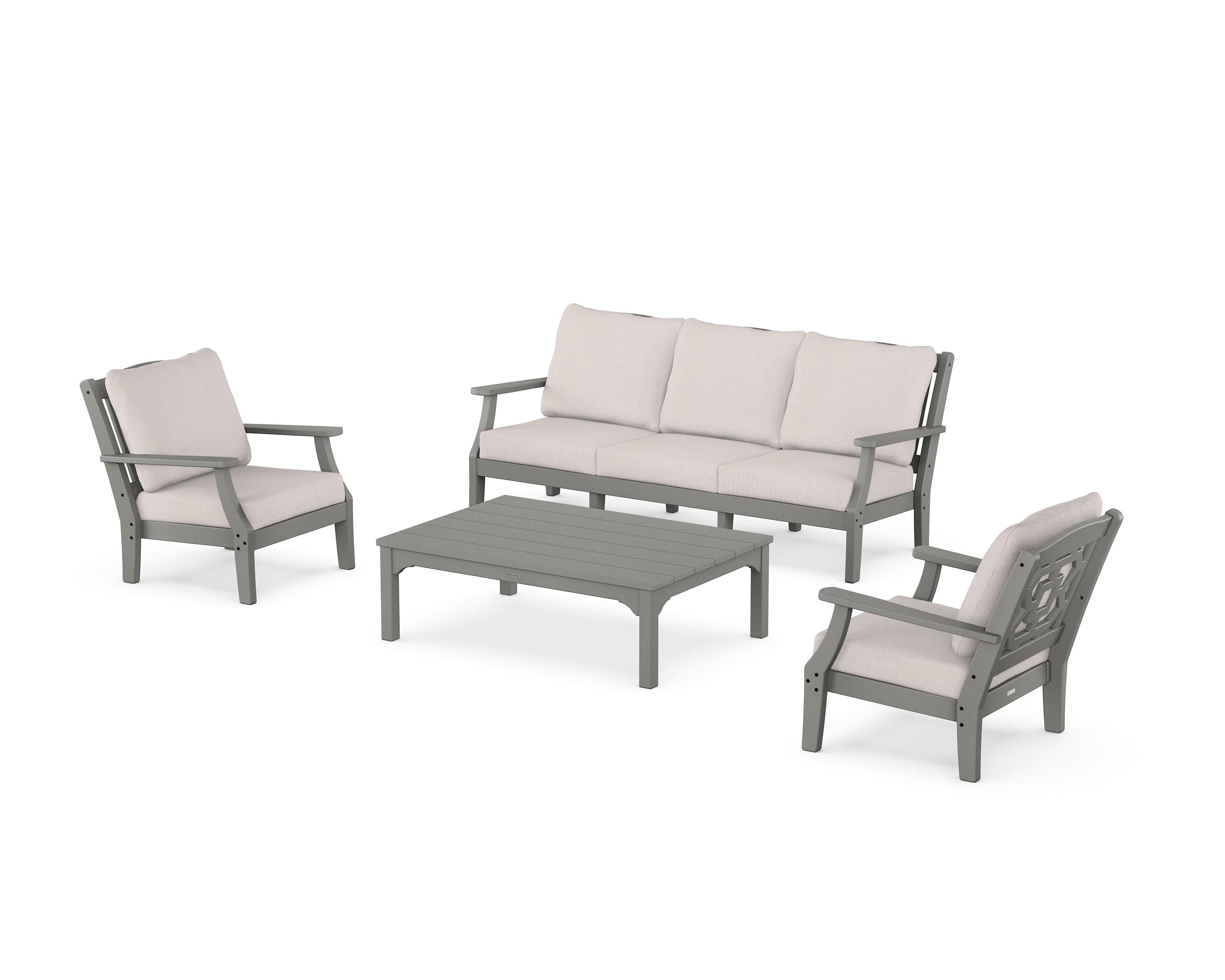 Martha Stewart by POLYWOOD Chinoiserie 4-Piece Deep Seating Set with Sofa in Slate Grey / Dune Burlap