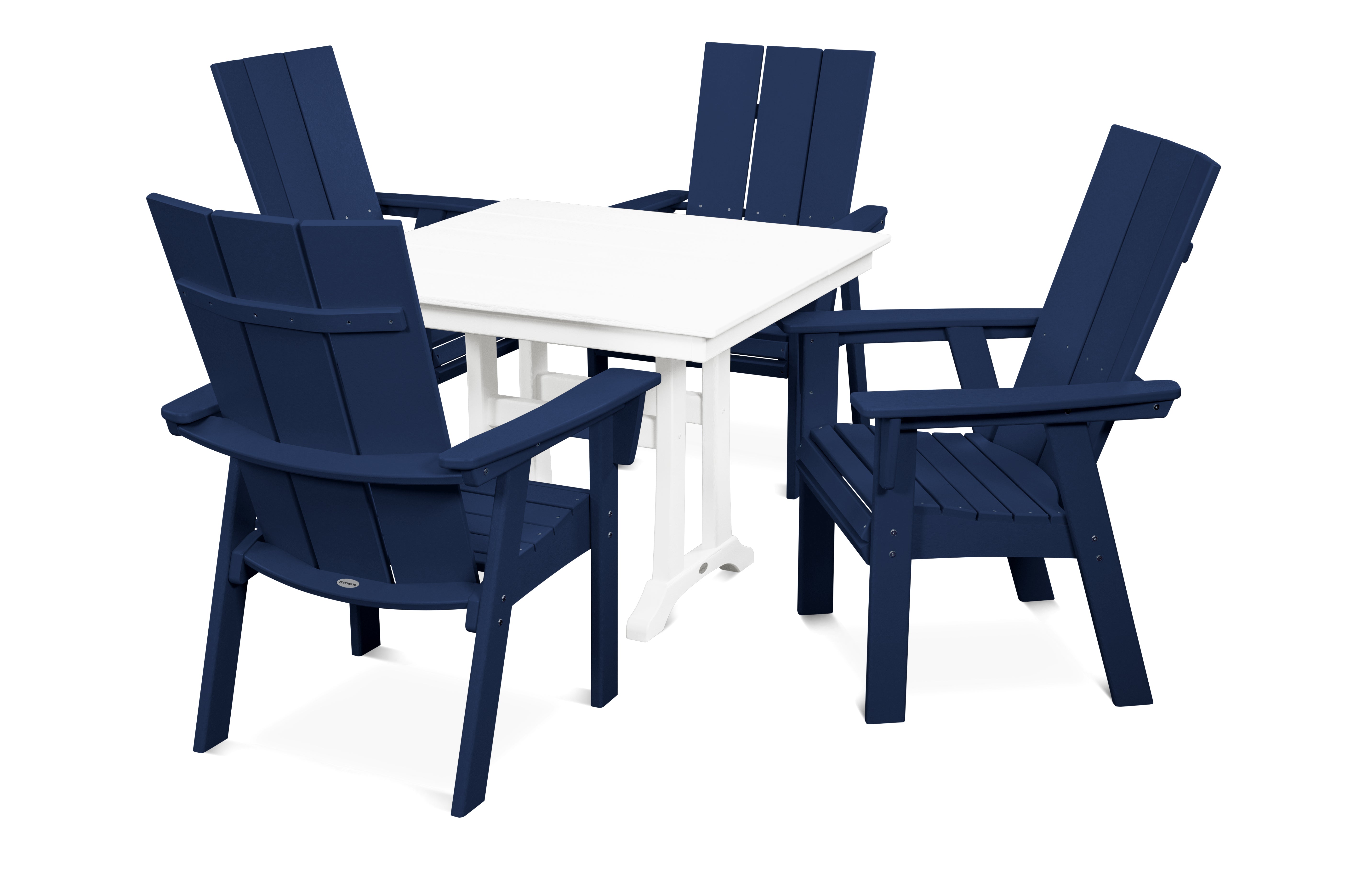 POLYWOOD® Modern Curveback Adirondack 5-Piece Farmhouse Trestle Dining Set in Navy / White