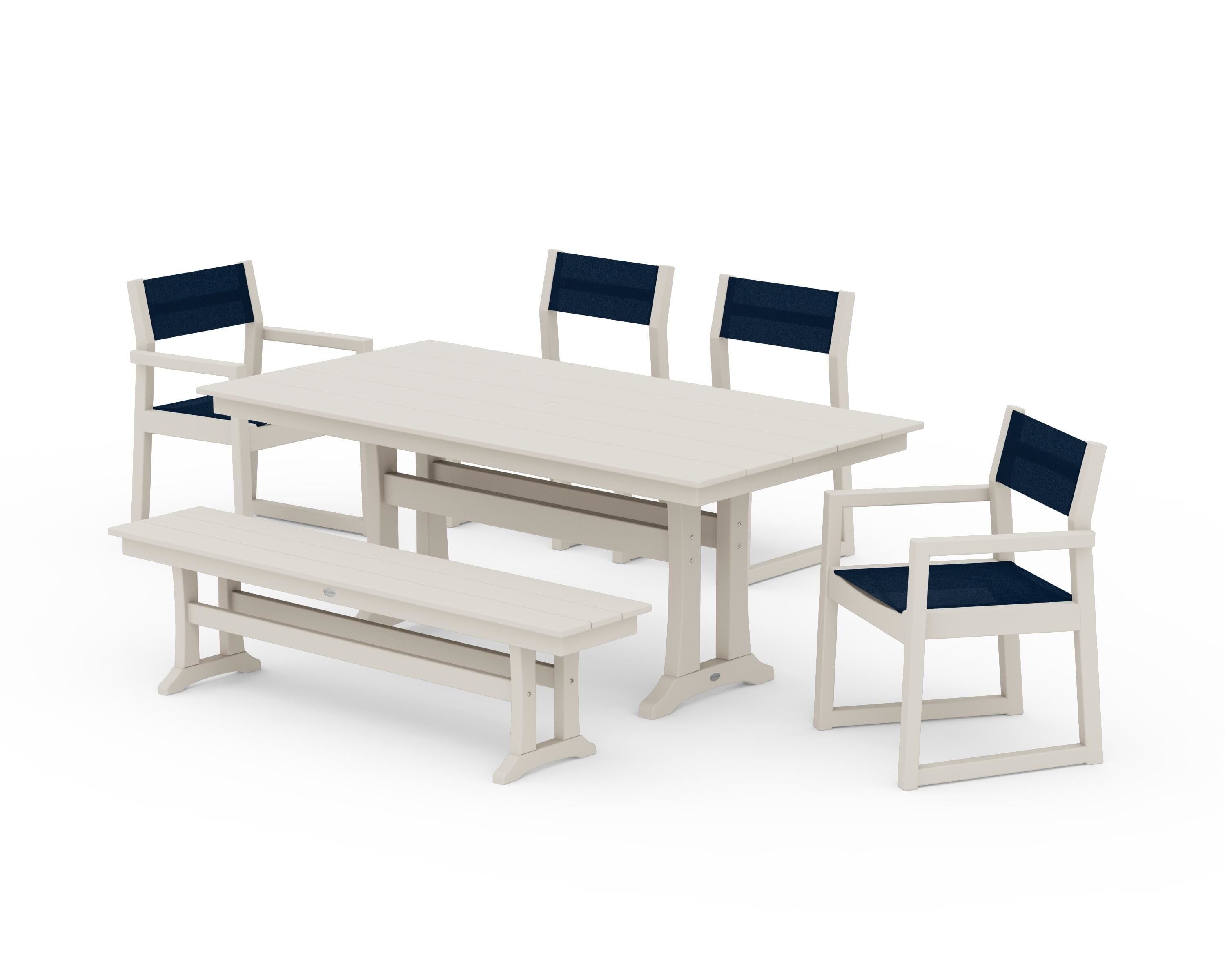 POLYWOOD EDGE Sling 6-Piece Farmhouse Dining Set With Trestle Legs in Sand / Navy Blue Sling