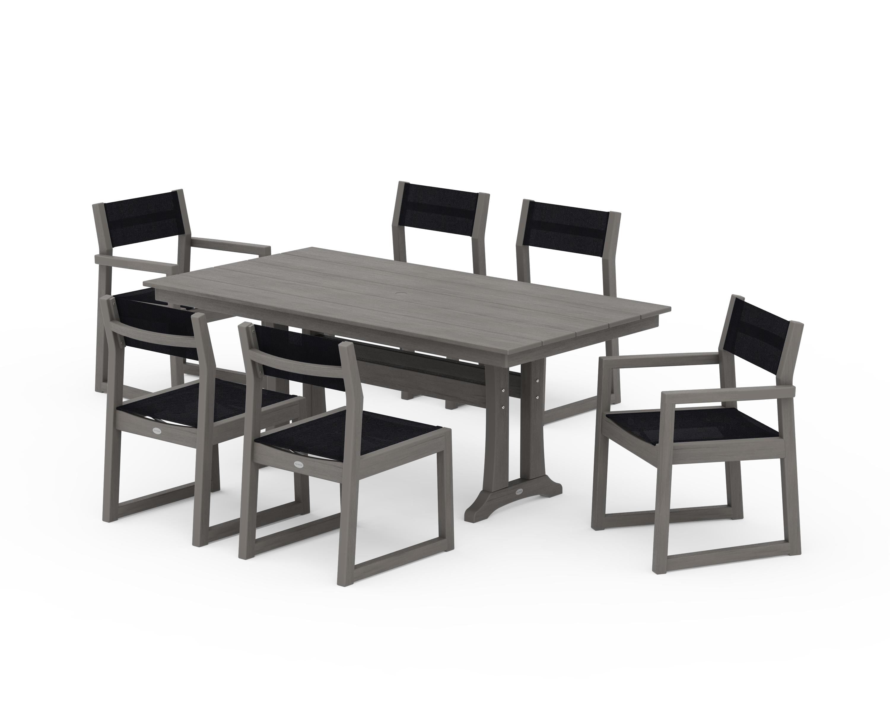 POLYWOOD EDGE Sling 7-Piece Farmhouse Trestle Dining Set in Driftwood / Black Sling