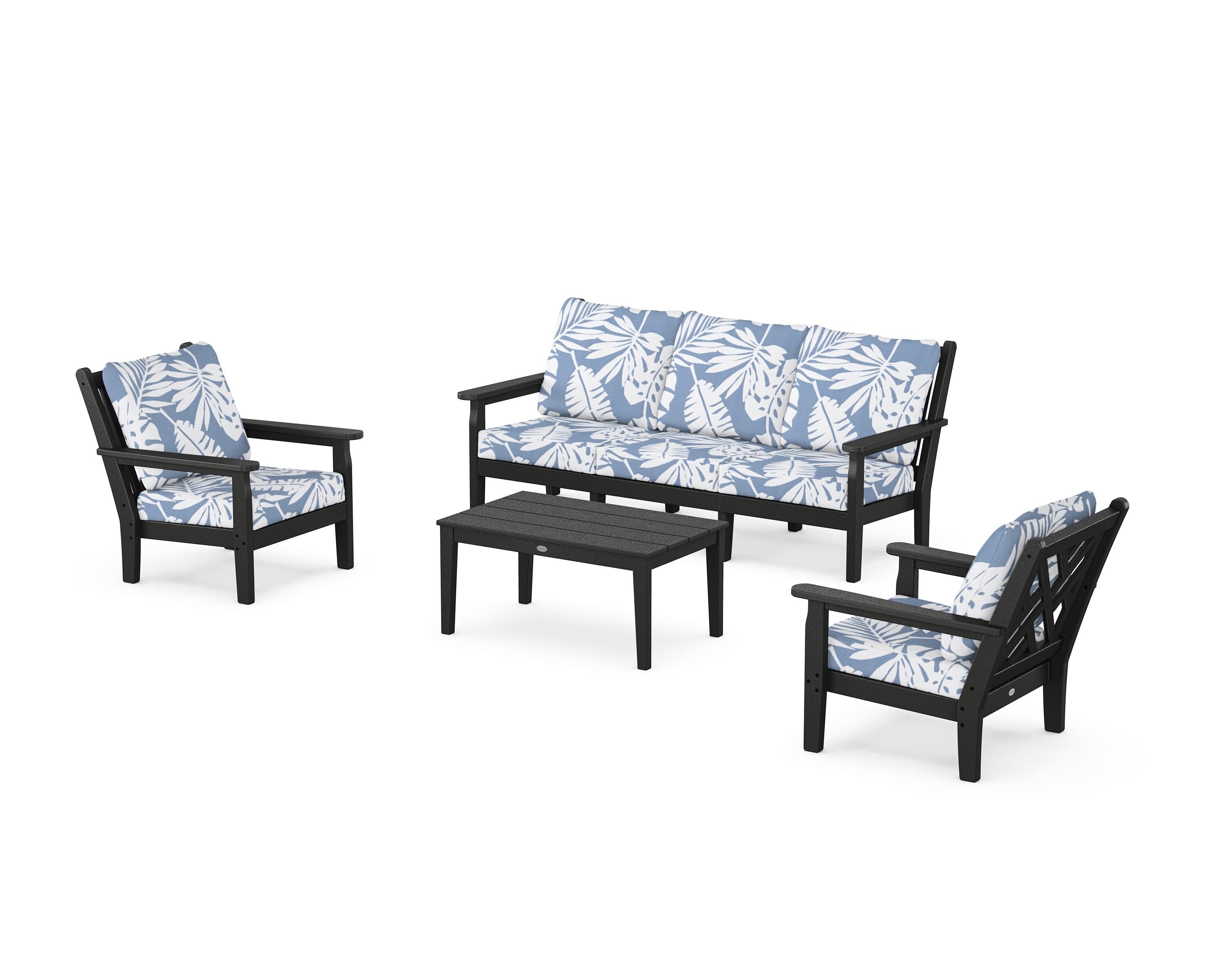 POLYWOOD Chippendale 4-Piece Deep Seating Set with Sofa in Black / Leaf Sky Blue
