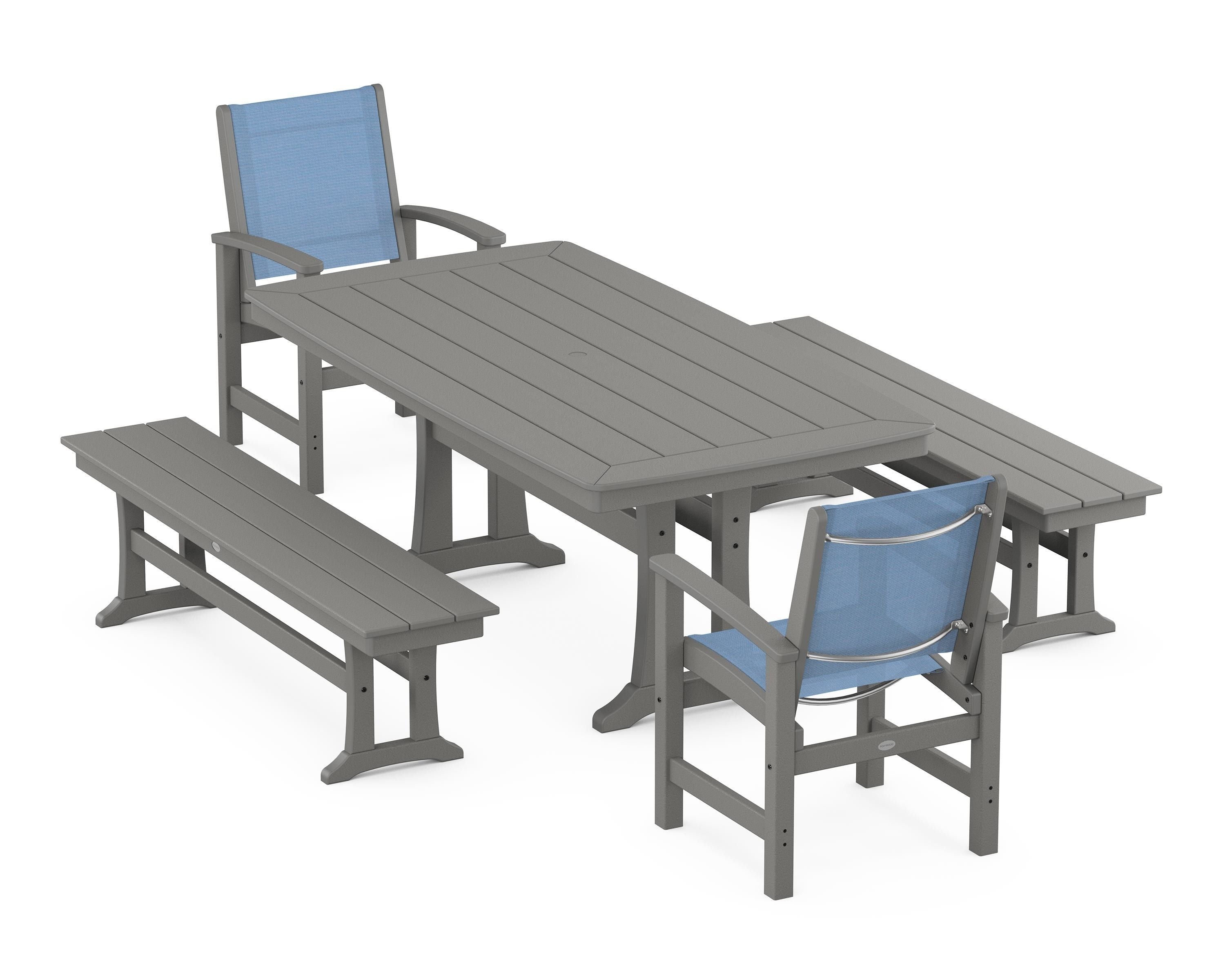 POLYWOOD Coastal 5-Piece Dining Set with Trestle Legs and Benches in Slate Grey / Poolside Sling