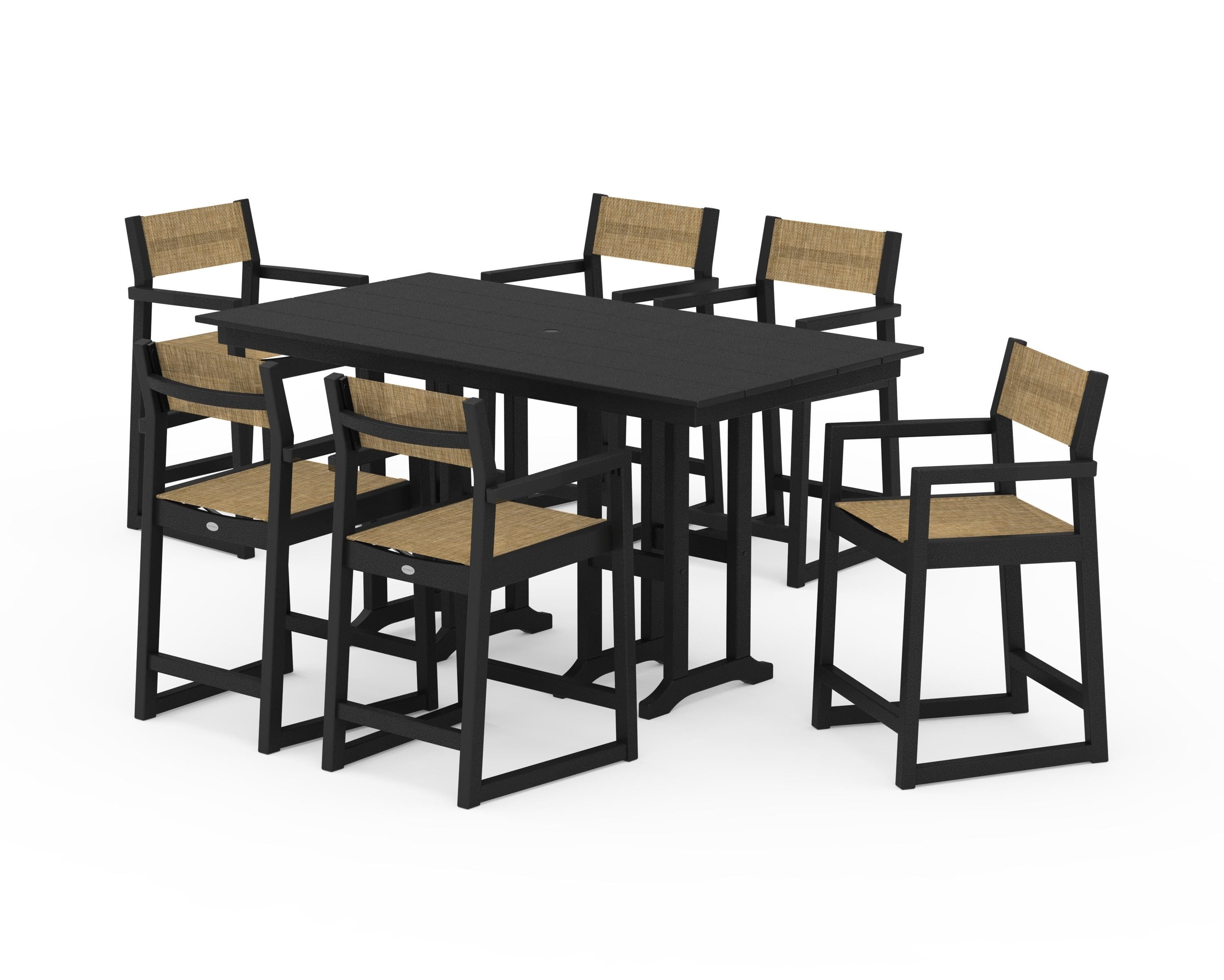 POLYWOOD EDGE Sling Arm Chair 7-Piece Farmhouse Counter Set in Black / Burlap Sling