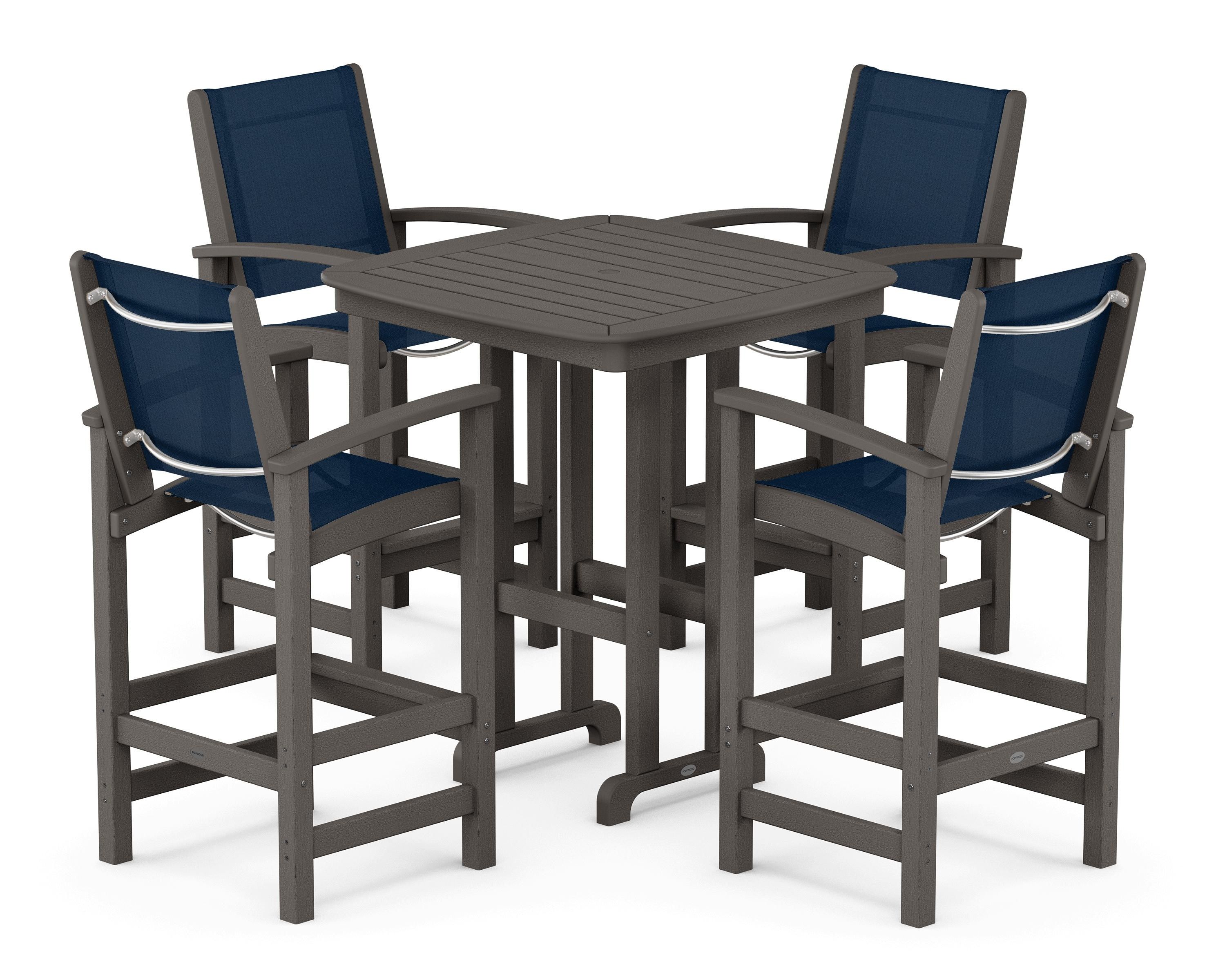 POLYWOOD Coastal 5-Piece Bar Set in Vintage Coffee / Navy Blue Sling