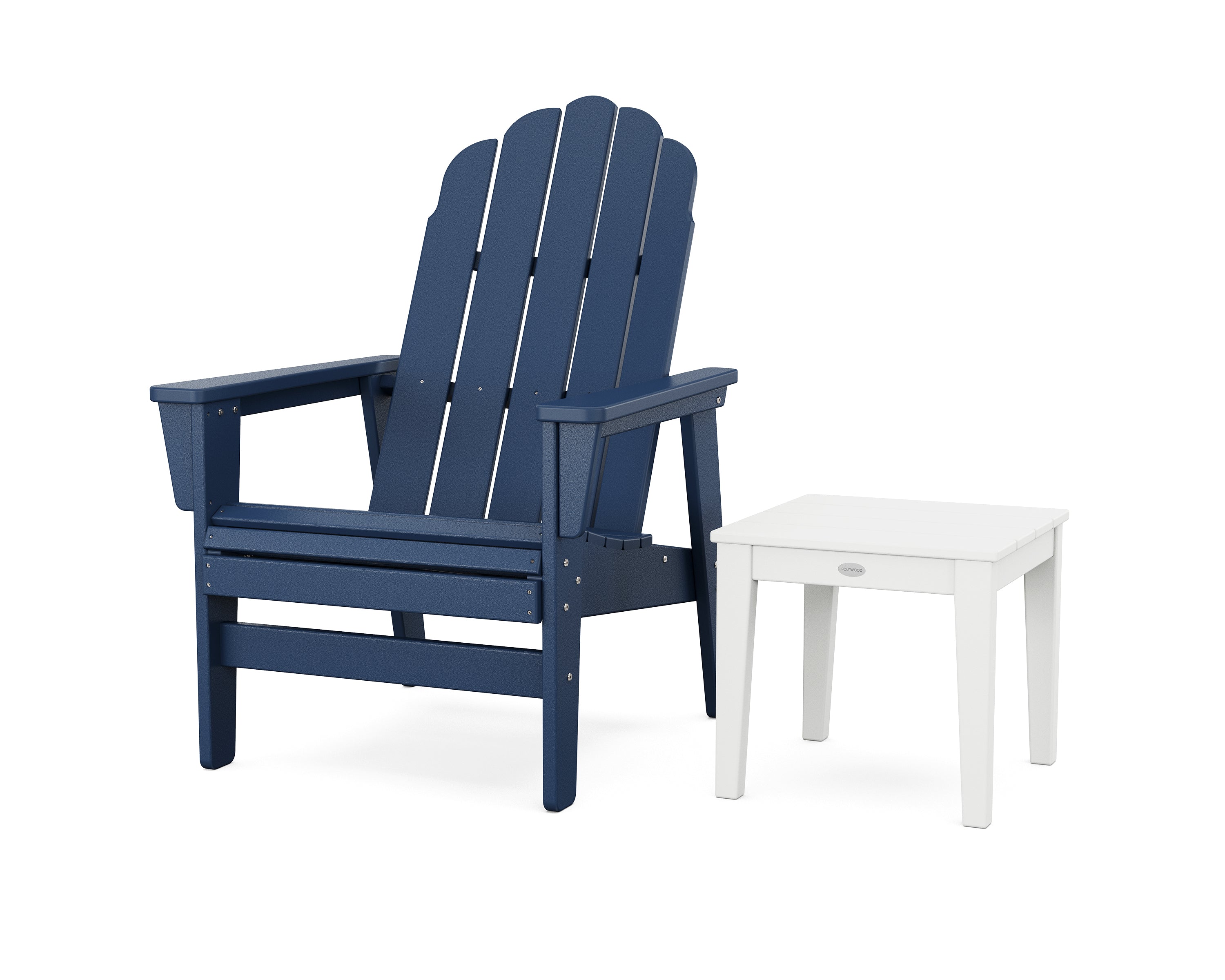 POLYWOOD Vineyard Grand Upright Adirondack Chair with Side Table in Navy / White