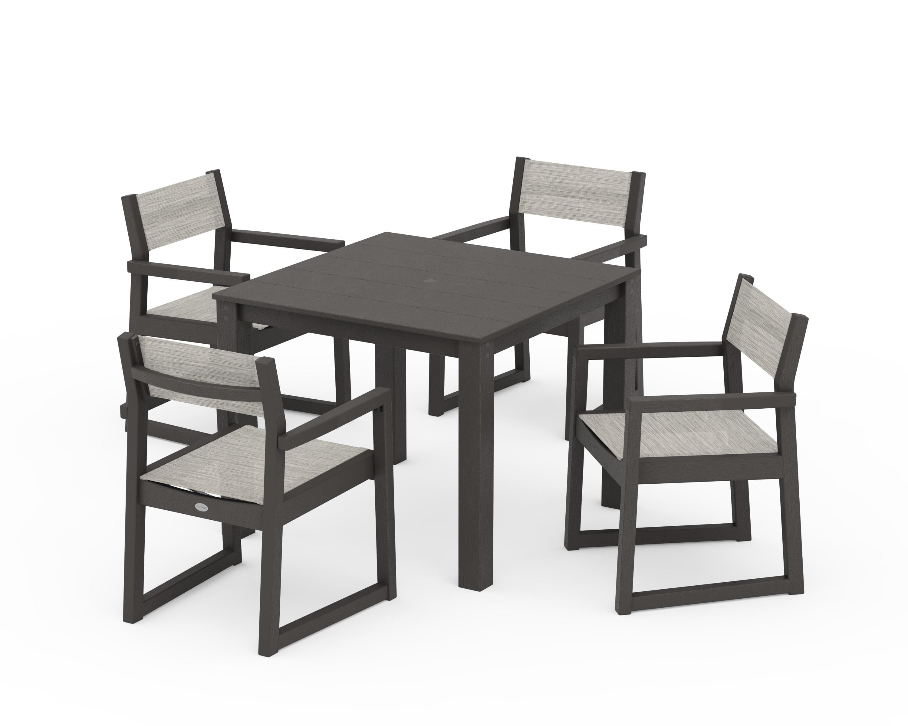 POLYWOOD EDGE Sling Arm Chair 5-Piece Parsons Dining Set in Vintage Coffee / Birch Sling