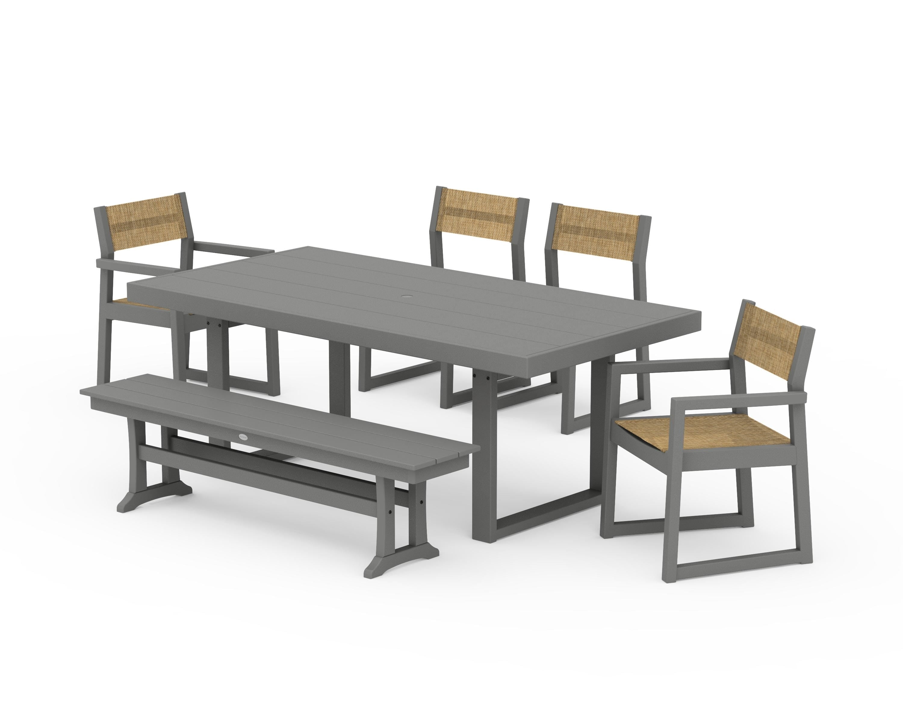 POLYWOOD EDGE Sling 6-Piece Dining Set with Bench in Slate Grey / Burlap Sling