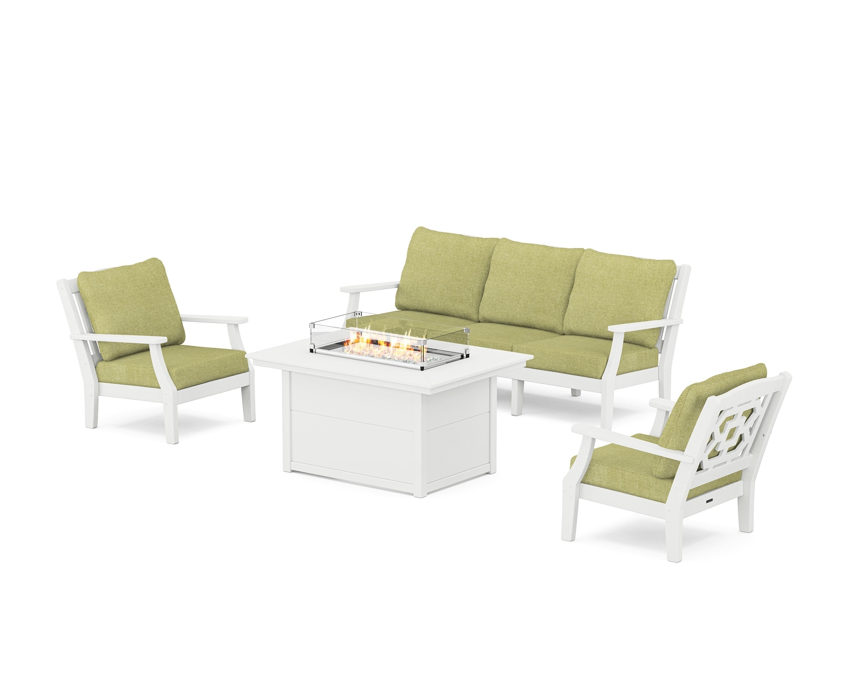 Martha Stewart by POLYWOOD Chinoiserie Deep Seating Fire Pit Table Set in White / Chartreuse Boucle