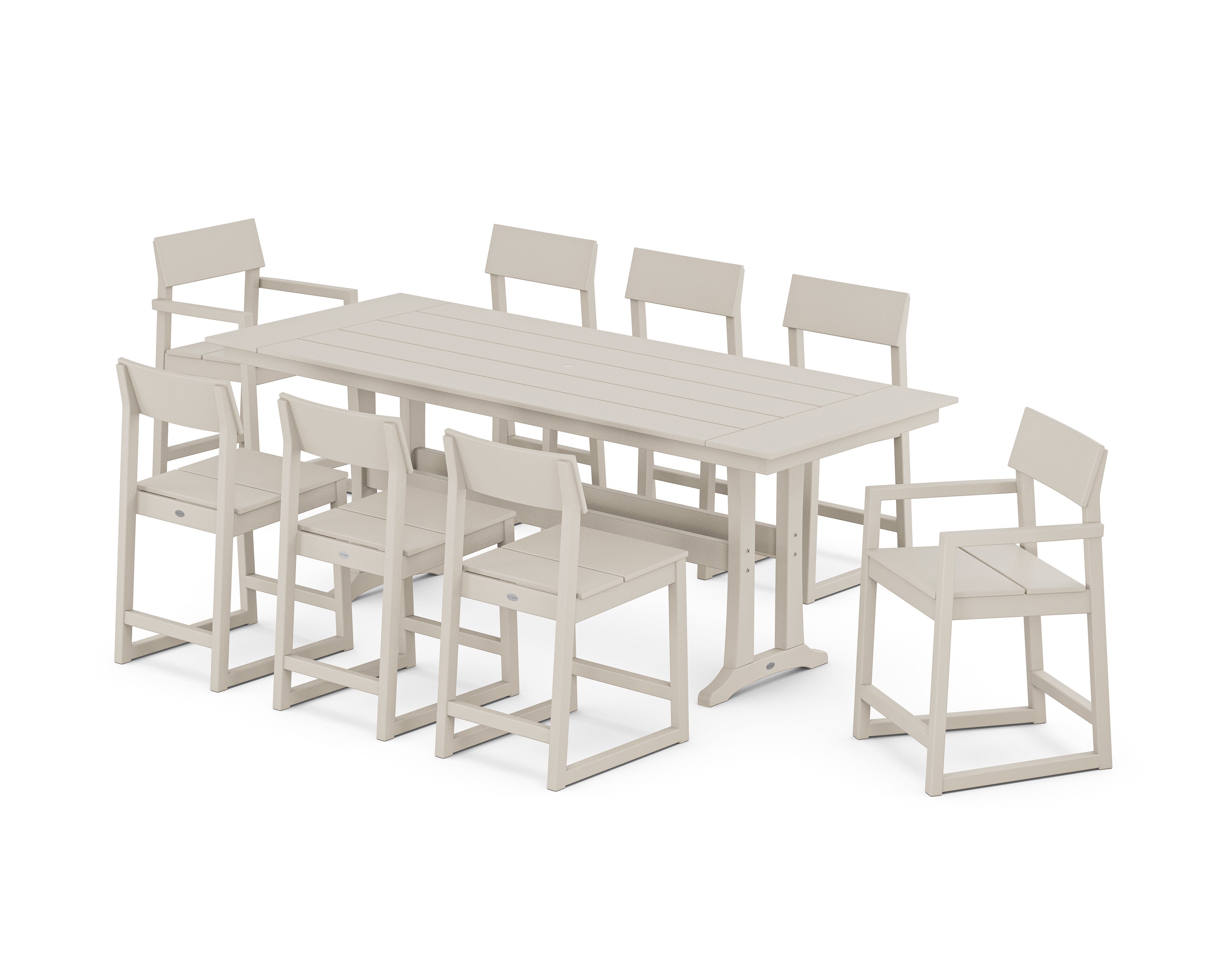 POLYWOOD EDGE 9-Piece Farmhouse Counter Set with Trestle Legs in Sand