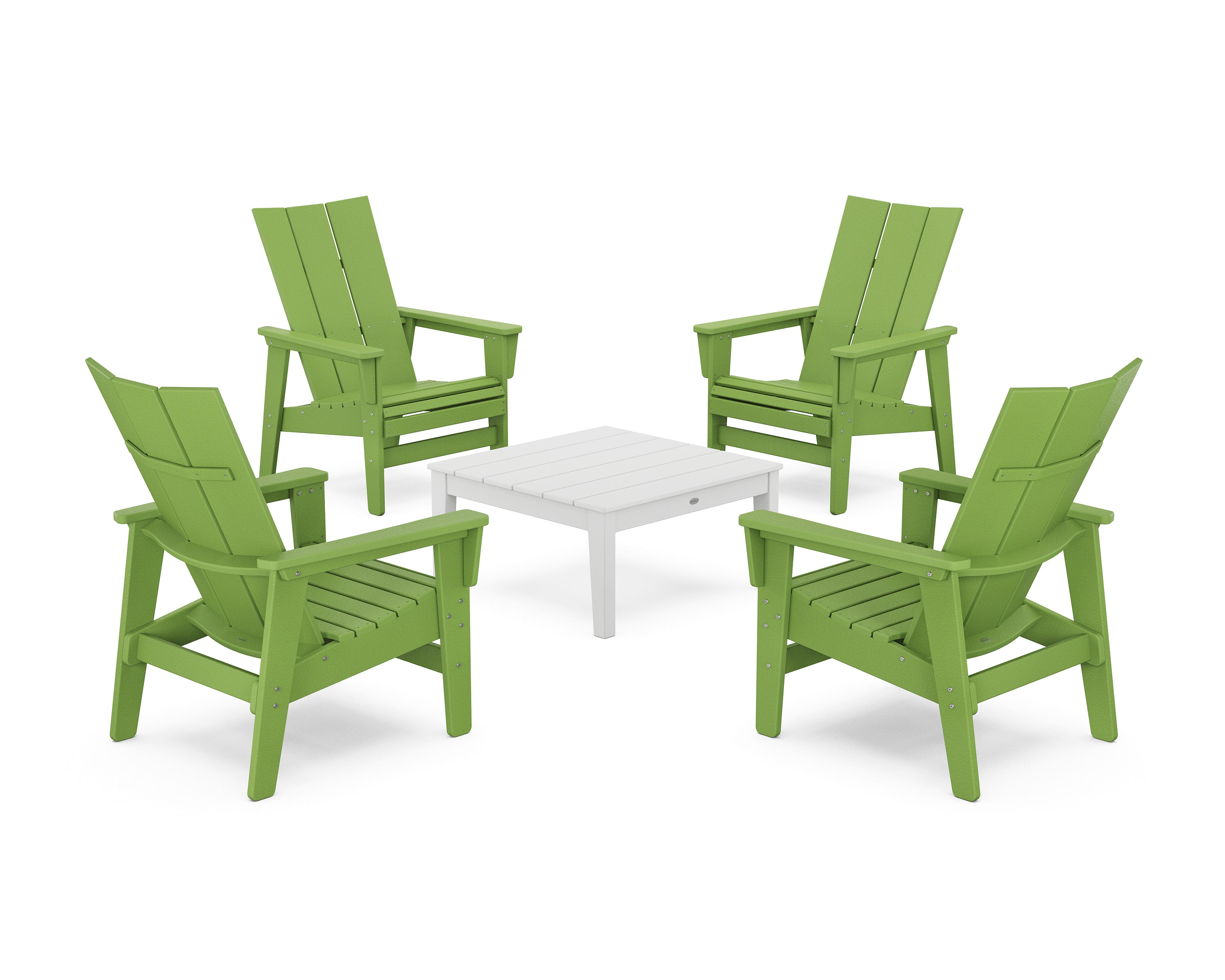 POLYWOOD 5-Piece Modern Grand Upright Adirondack Chair Conversation Group in Lime / White