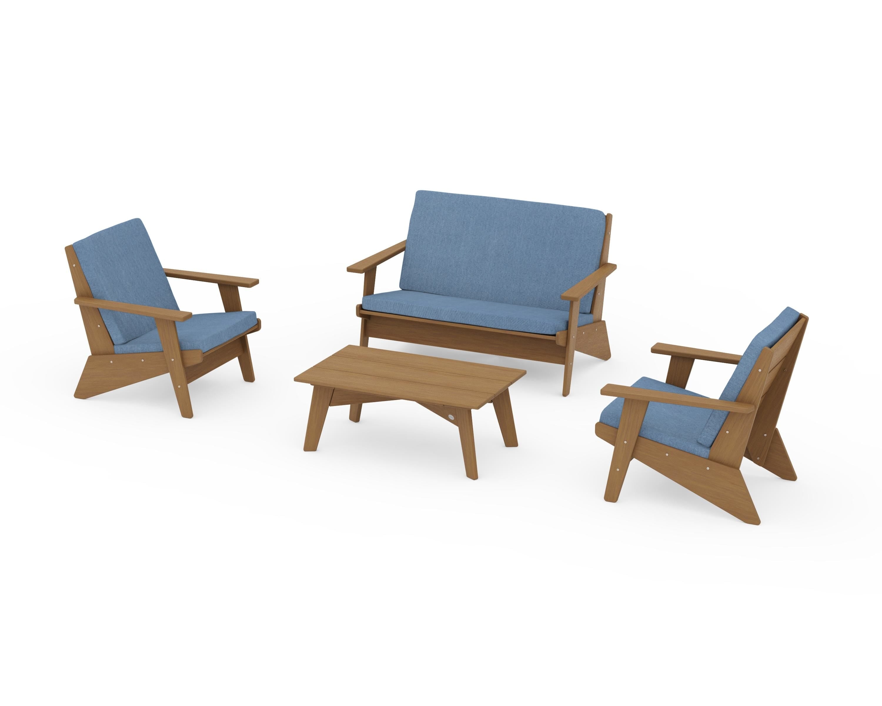 POLYWOOD Riviera Modern Lounge 4-Piece Set in Natural / Sky Blue