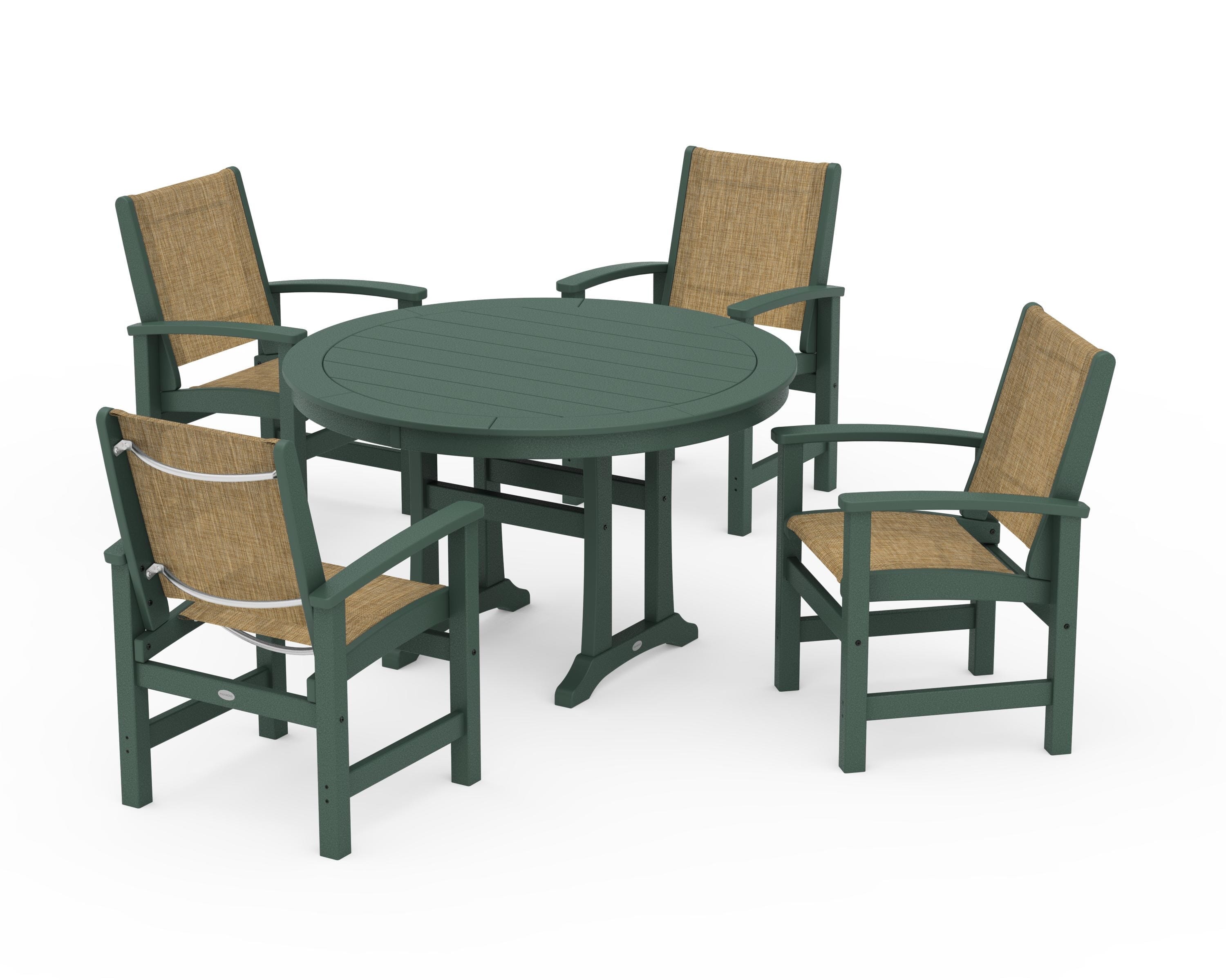 POLYWOOD Coastal 5-Piece Round Dining Set with Trestle Legs in Green / Burlap Sling