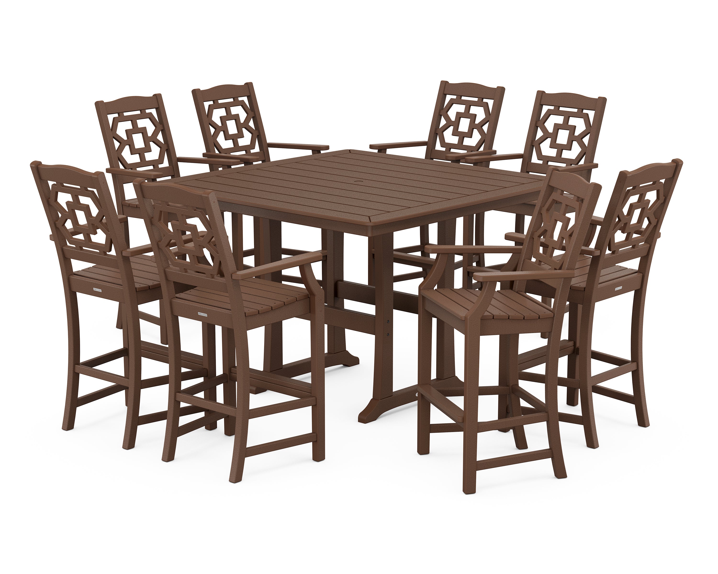 Martha Stewart by POLYWOOD® Chinoiserie 9-Piece Square Bar Set with Trestle Legs in Mahogany