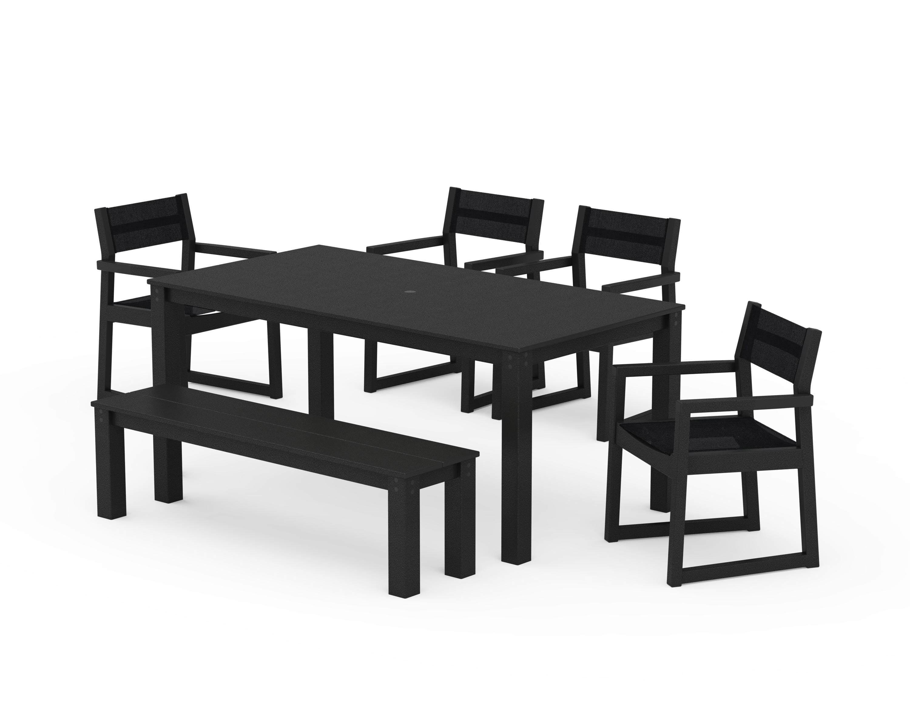 POLYWOOD EDGE Sling Arm Chair 6-Piece Parsons Dining Set with Bench in Black / Black Sling