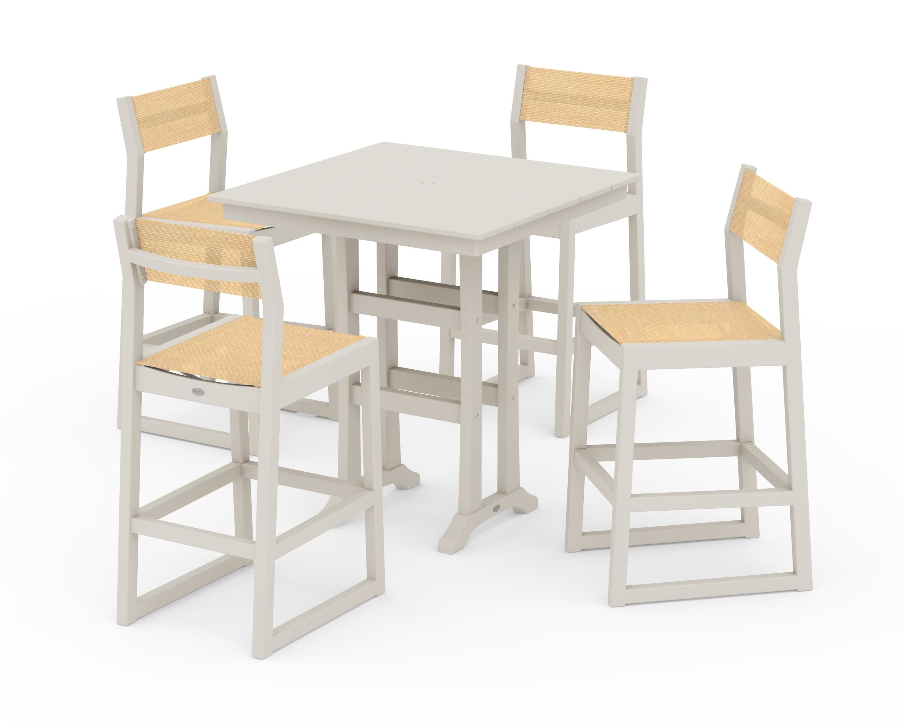 POLYWOOD EDGE Sling Arm Chair 5-Piece Farmhouse Bar Set with Trestle Legs in Sand / Dupioni Apricot Sling