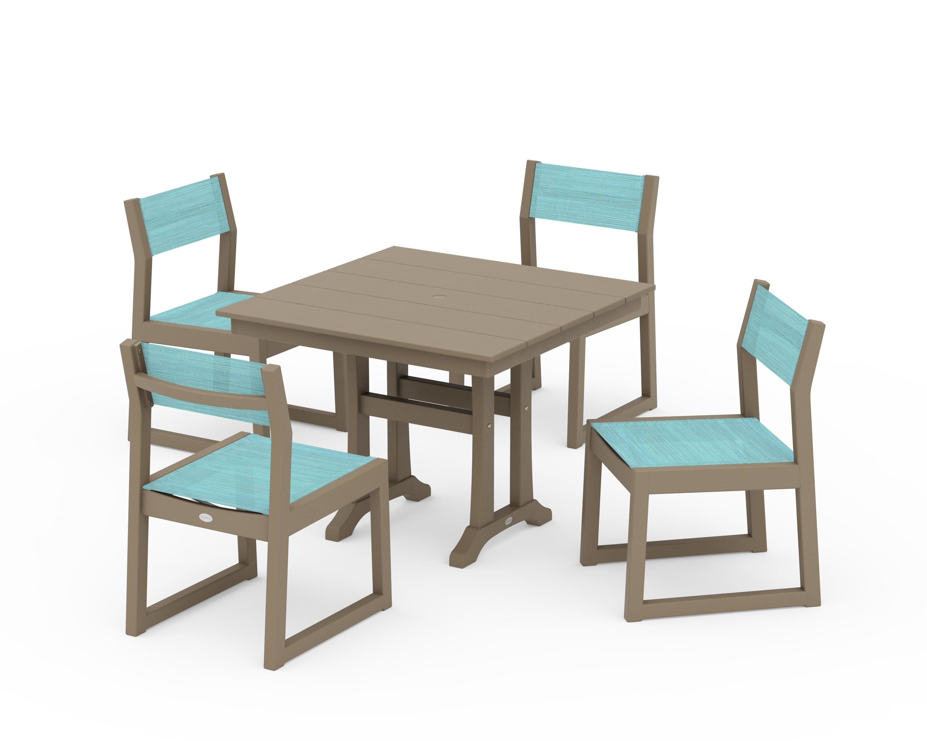 POLYWOOD EDGE Sling 5-Piece Farmhouse Trestle Side Chair Dining Set in Vintage Sahara / Dupioni Aquamarine Sling