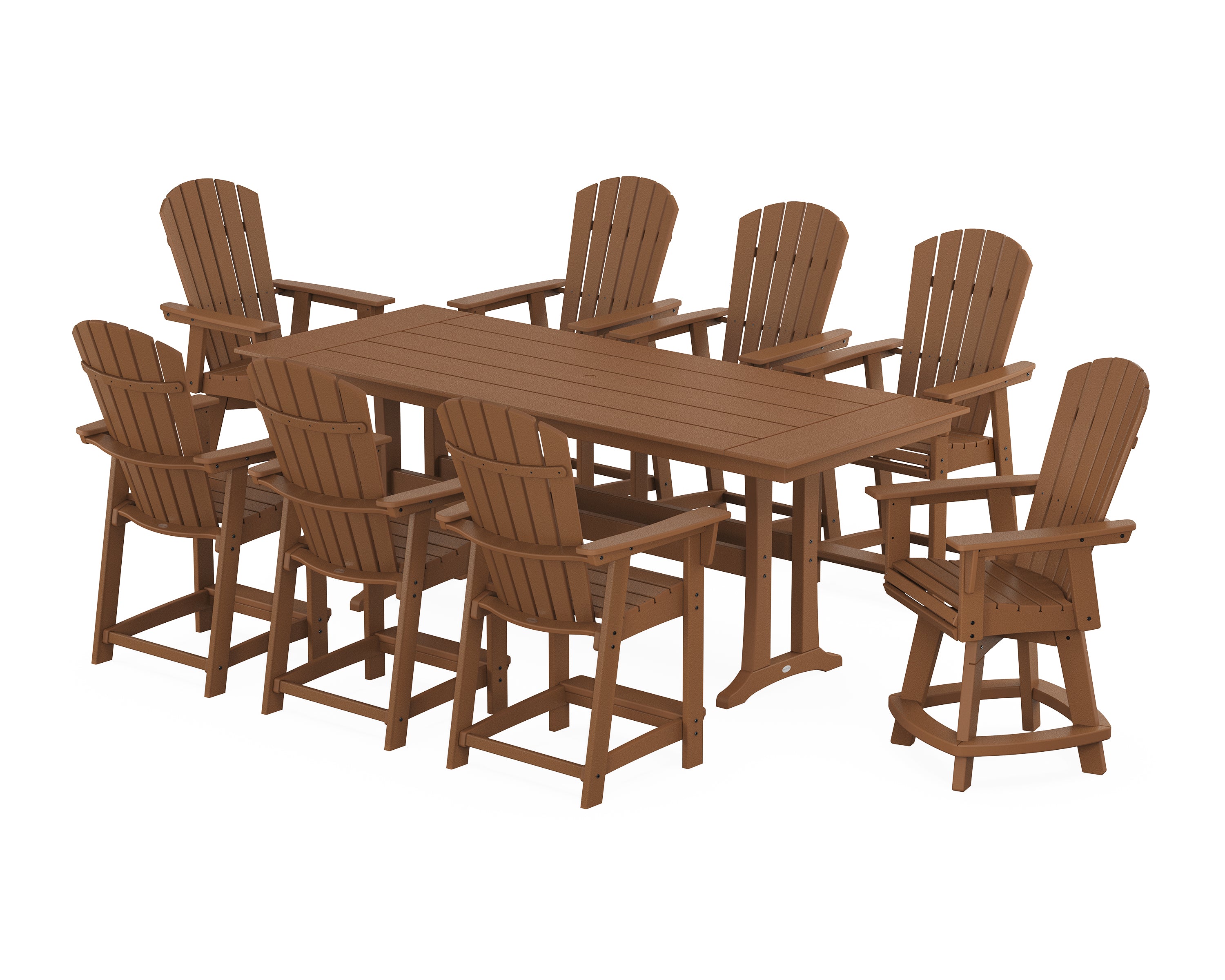 POLYWOOD® Nautical Curveback Adirondack Swivel 9-Piece Farmhouse Swivel Counter Set with Trestle Legs in Teak