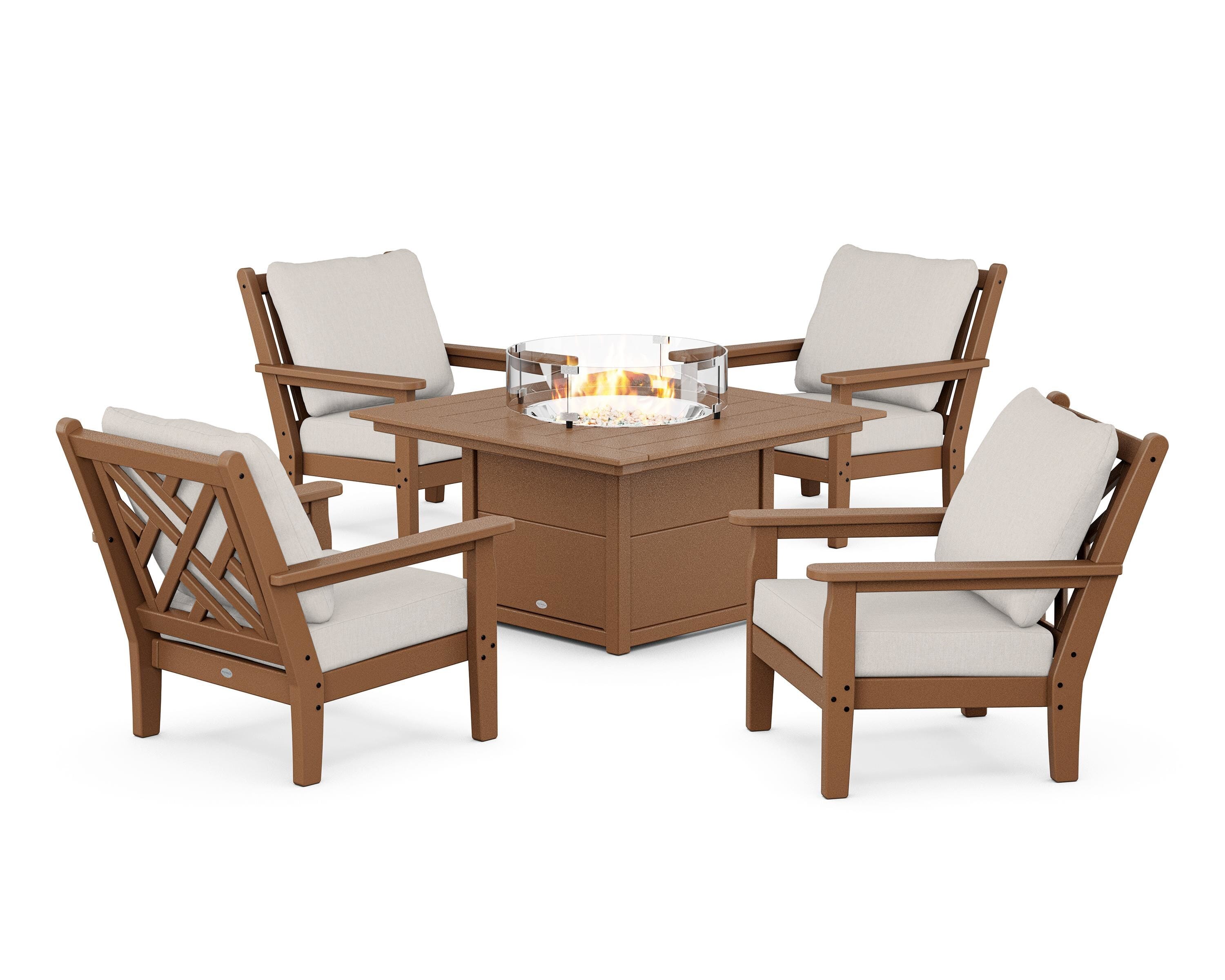 POLYWOOD Chippendale 5-Piece Deep Seating Set with Fire Pit Table in Teak / Cast Ash