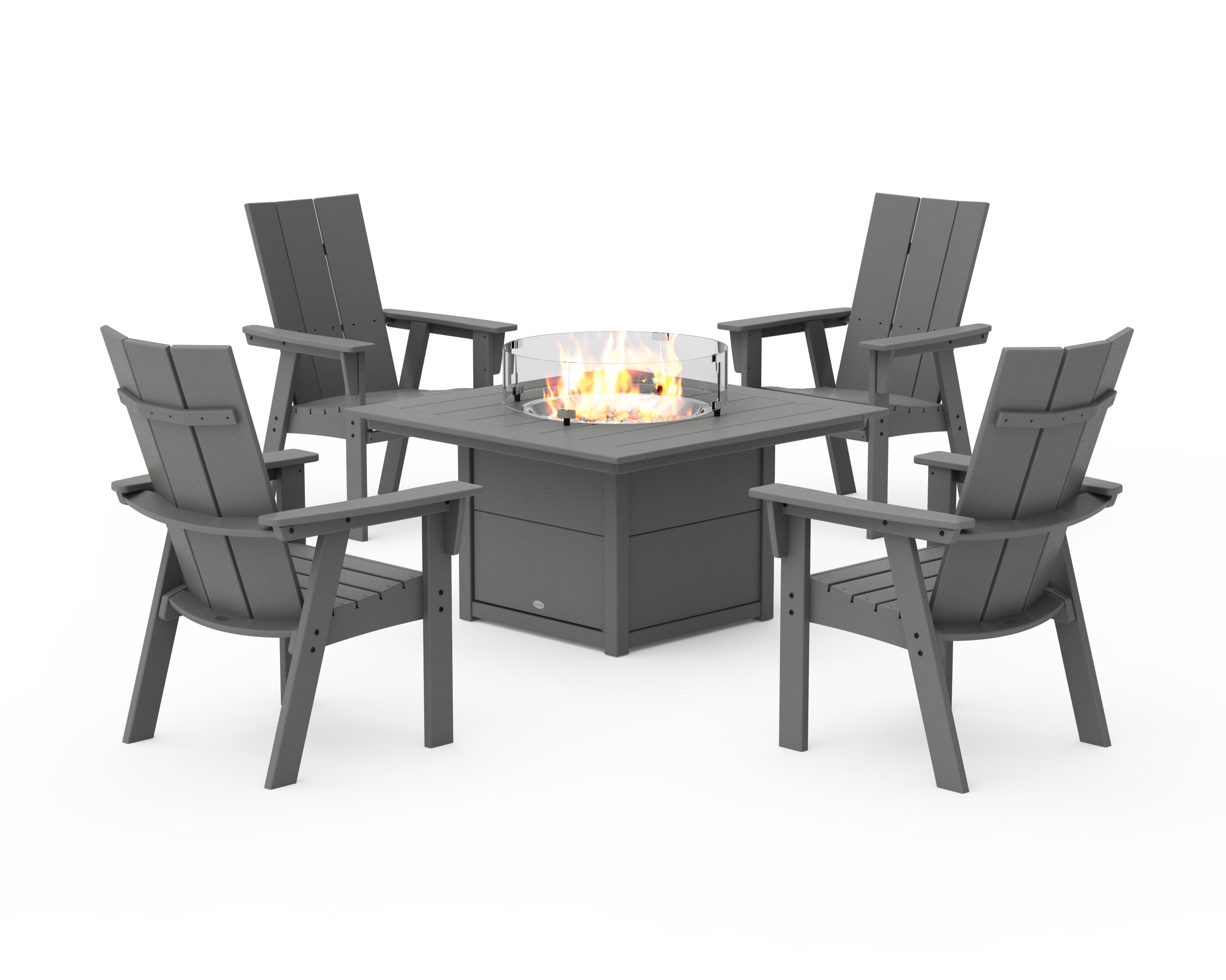 POLYWOOD Modern 4-Piece Curveback Upright Adirondack Conversation Set with Fire Pit Table in Slate Grey