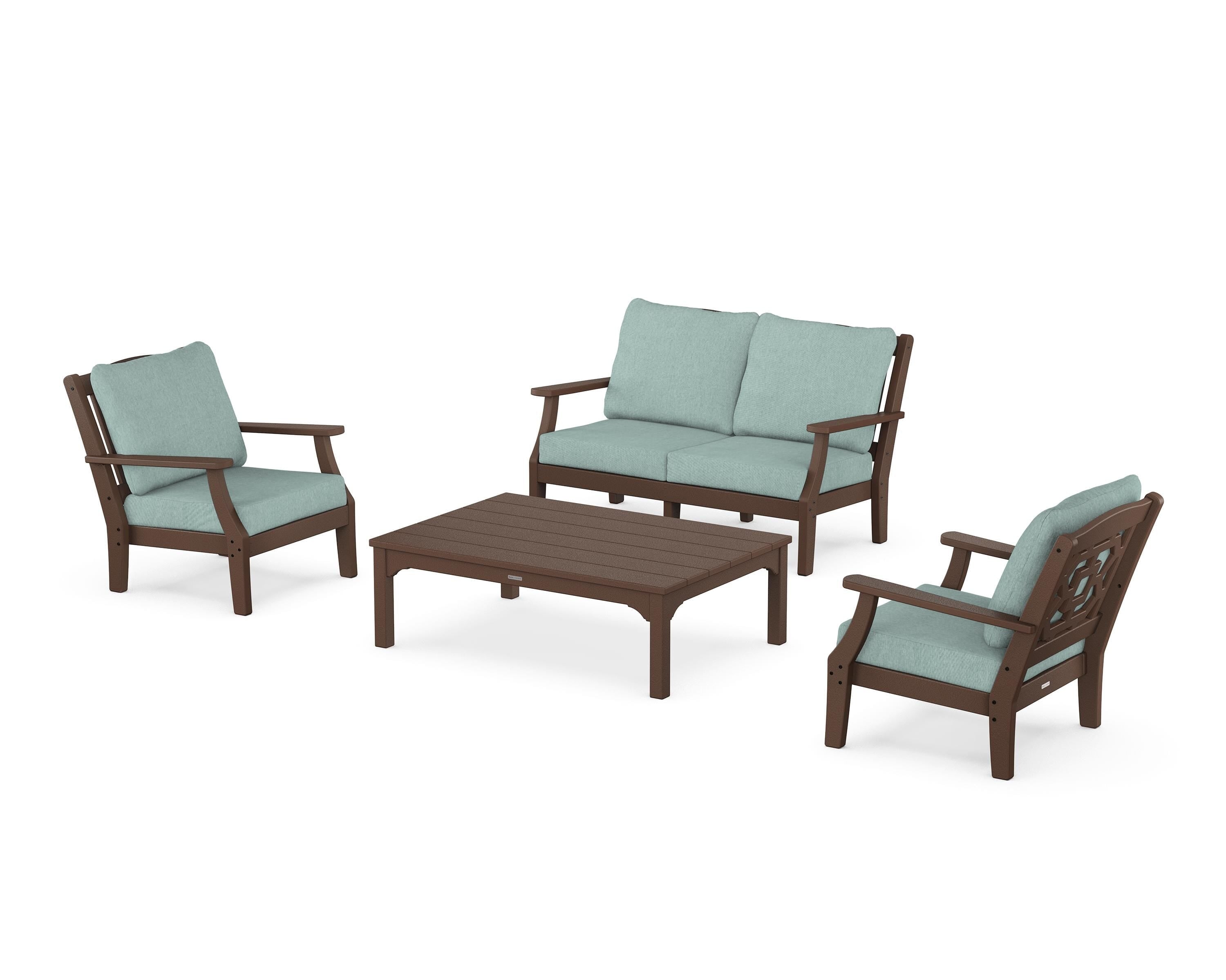 Martha Stewart by POLYWOOD Chinoiserie 4-Piece Deep Seating Set with Loveseat in Mahogany / Glacier Spa