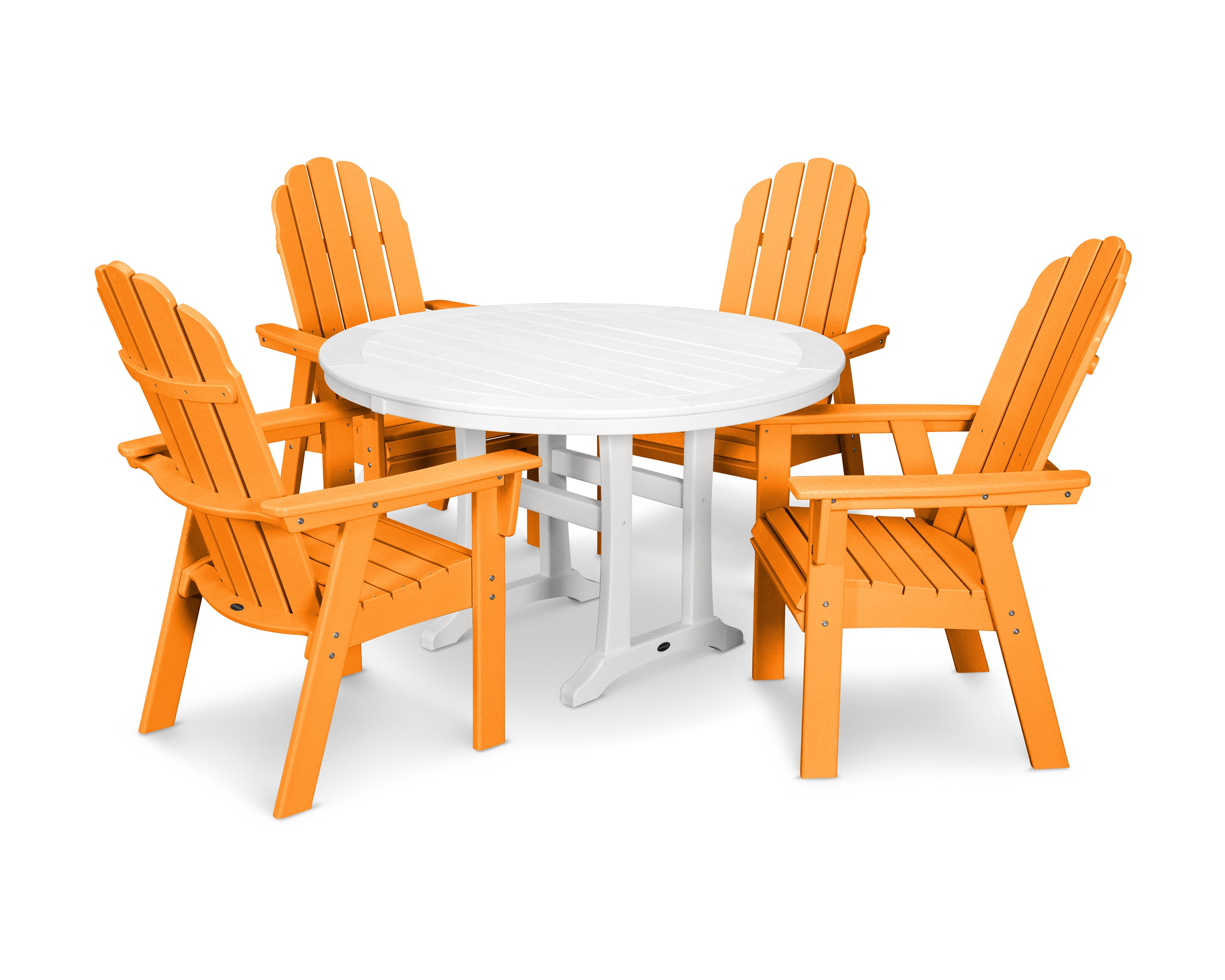 POLYWOOD® Vineyard Curveback Adirondack 5-Piece Nautical Trestle Dining Set in Tangerine / White