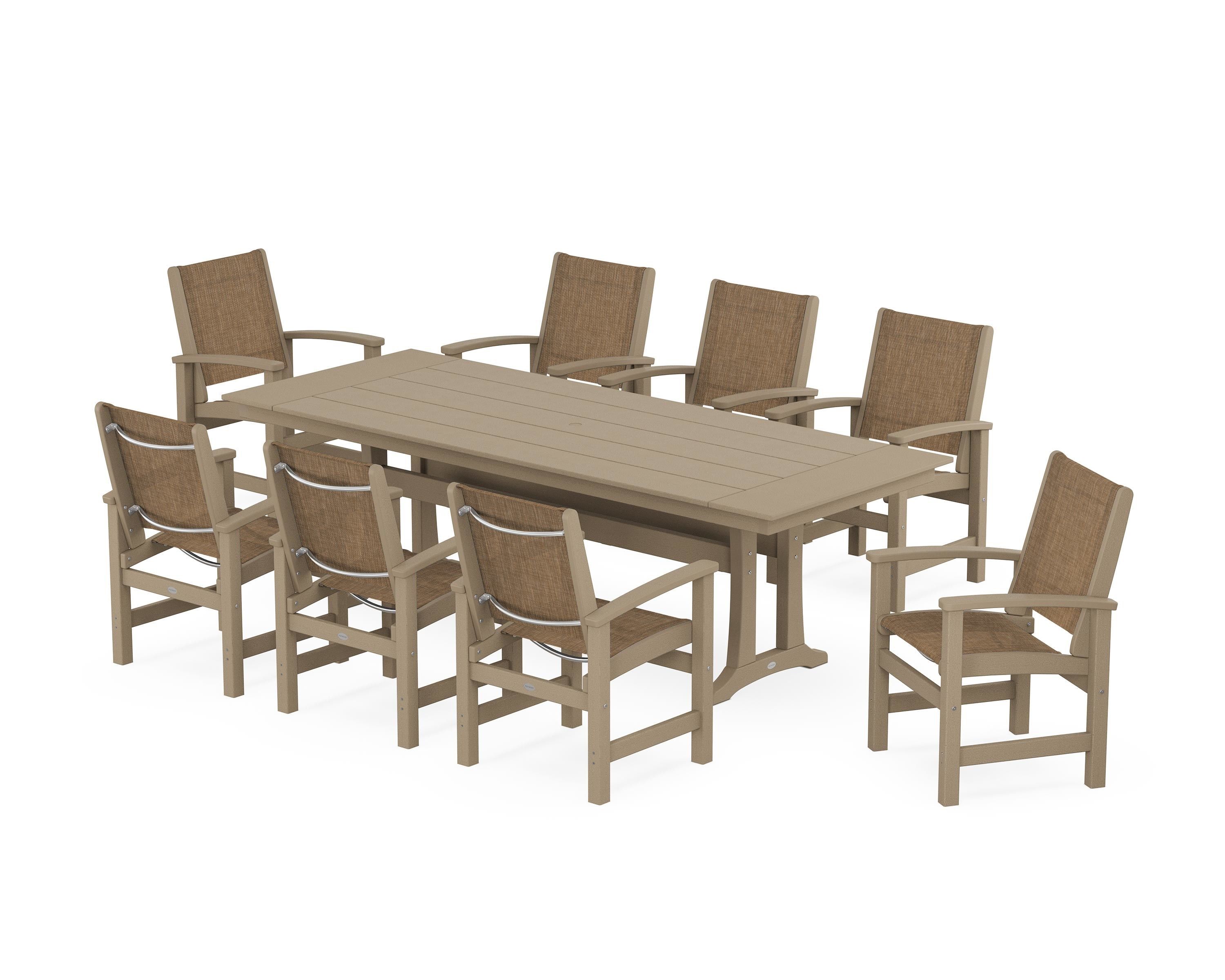 POLYWOOD Coastal 9-Piece Farmhouse Dining Set with Trestle Legs in Vintage Sahara / Burlap Sling